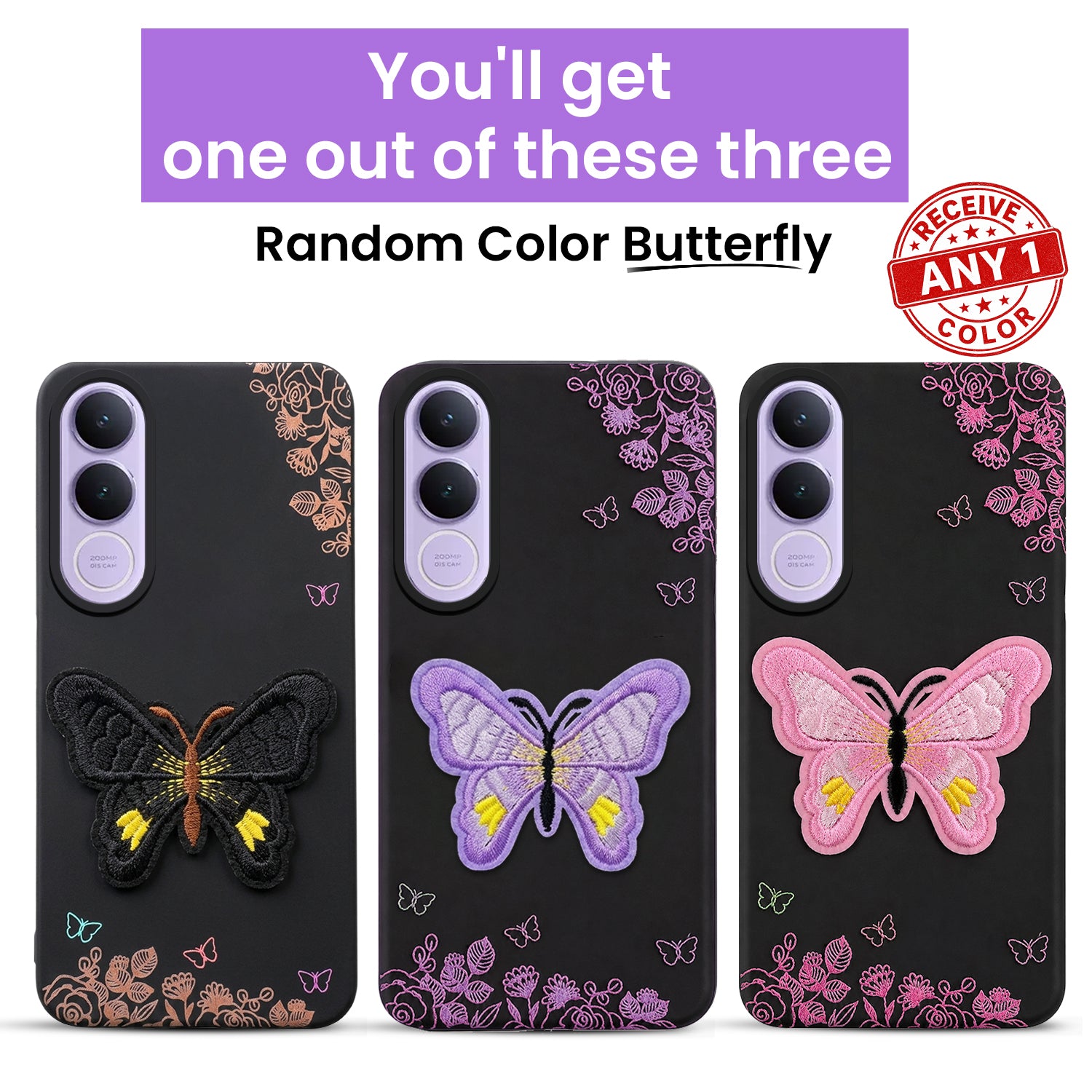 For Vivo V70 FE 5G Back Cover Case (Soft Butterfly Embroidery | Women Teen Girls | Camera Protection| Matte Silicone)
