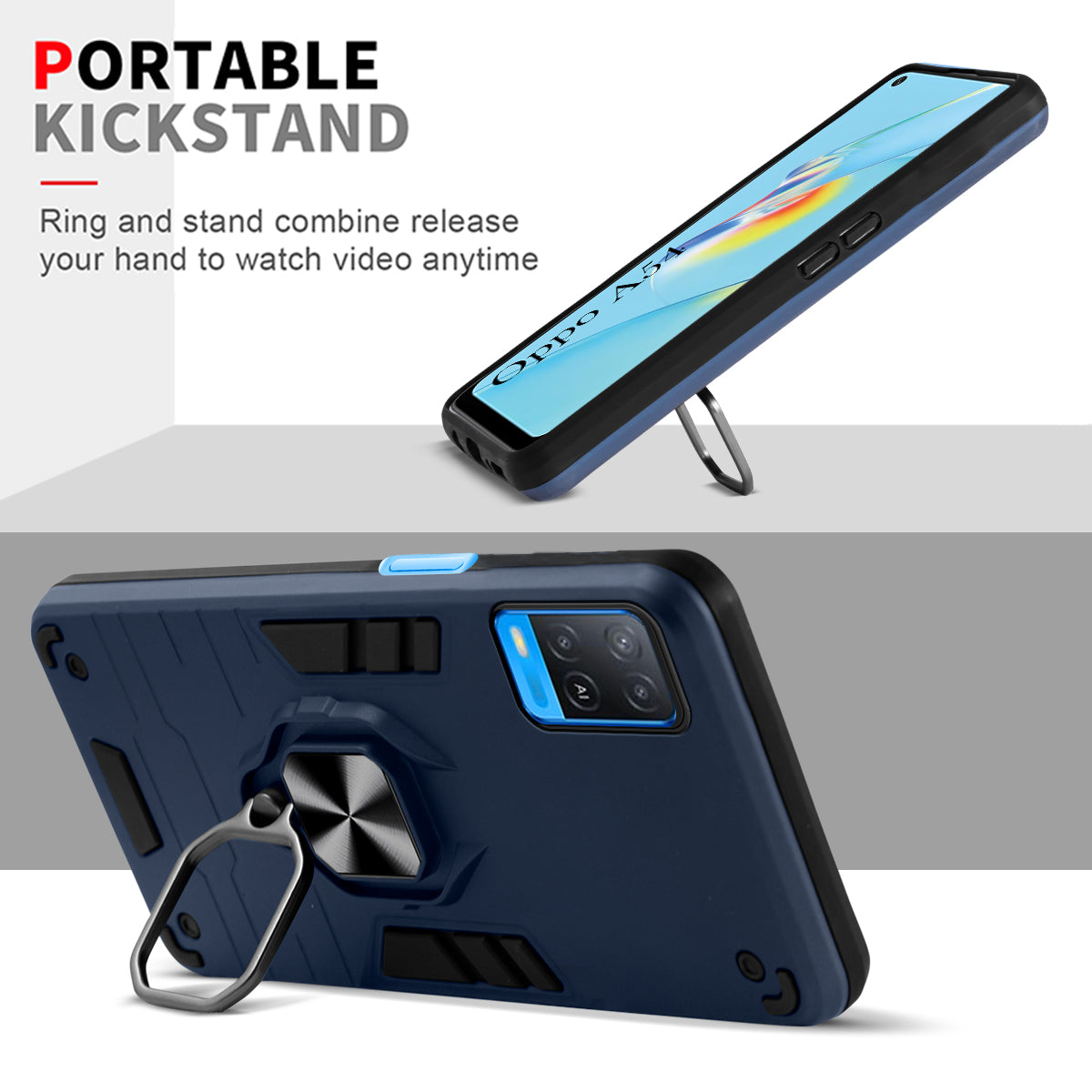 For Oppo A54 Back Cover Case Hybrid Armor (Shockproof Dual Layer Polycarbonate |Ring Holder Kickstand)