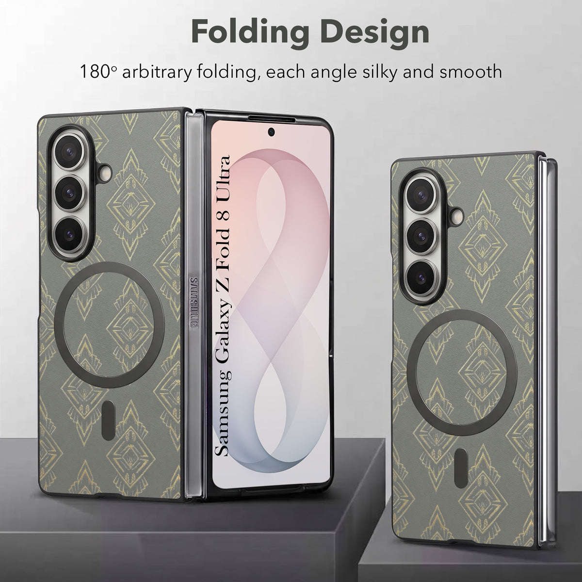 For Samsung Galaxy Z Fold 8 Ultra Back Cover Case Premium Magnetic (MagSafe Compatible | 180° Folding Design | Geometric Gold Pattern | Soft Microfiber Inner Lining)