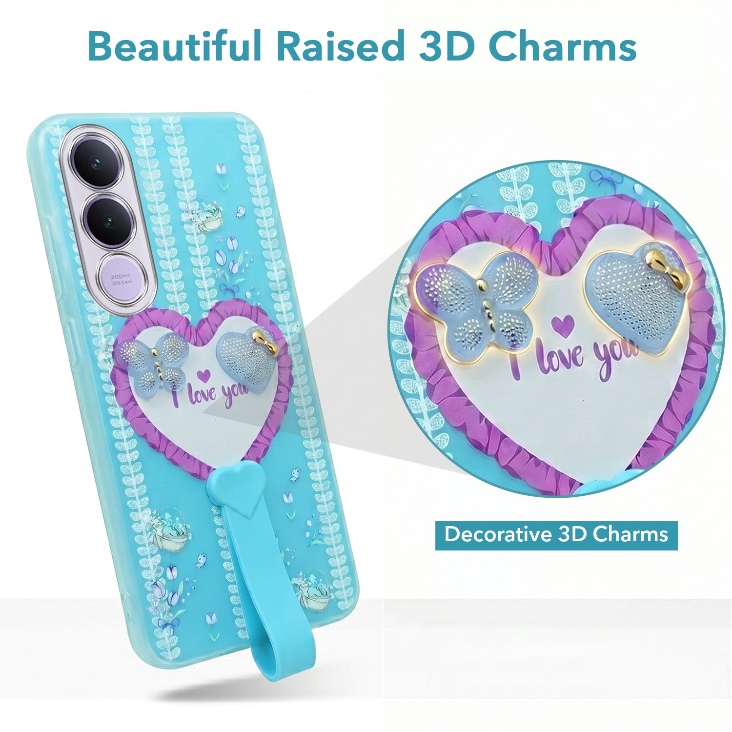 For Vivo V70 FE 5G Back Cover Case (3D Cute Heart Strap Holder | Camera Protection | Designer Girls Print)