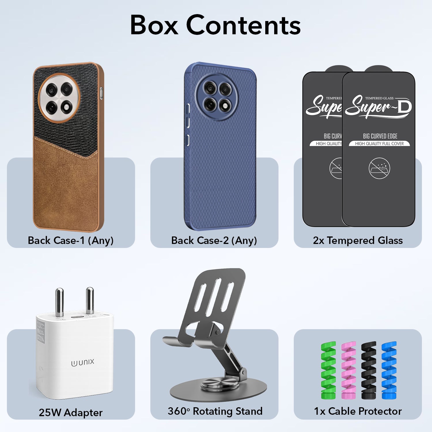 Complete Mobile Care Kit (Get Any 2 Cases+2 Tempered Glass+25W Charger Adapter+Metallic Mobile Stand+Cable Protector)