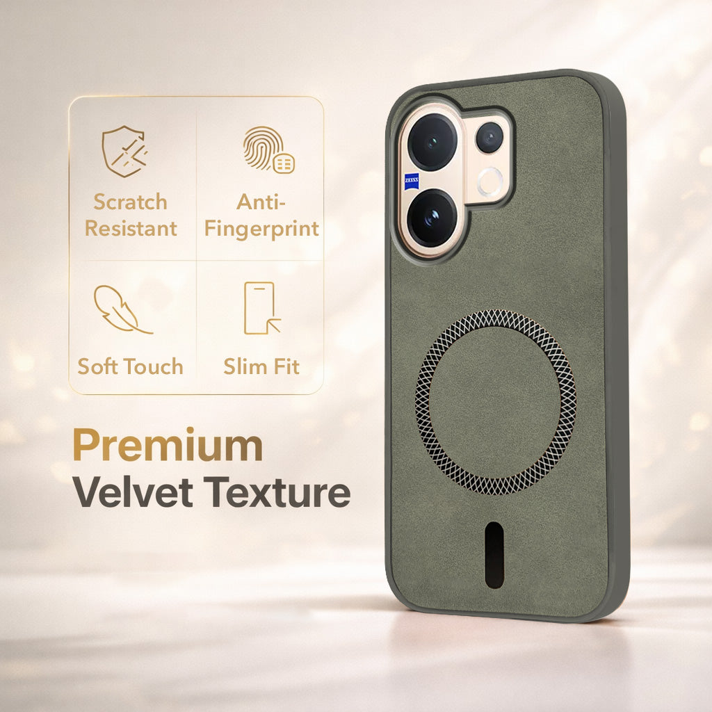 For Vivo V60 | Vivo T4 Pro Back Cover Case Leather Finish (MagSafe Compatible Wireless Charging | Soft Touch | Camera Bump Protection)