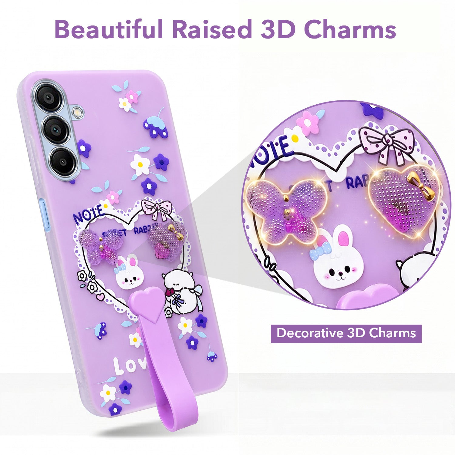 For Samsung Galaxy A15 5G Back Cover Case (3D Cute Heart Strap Holder | Camera Protection | Designer Girls Print)