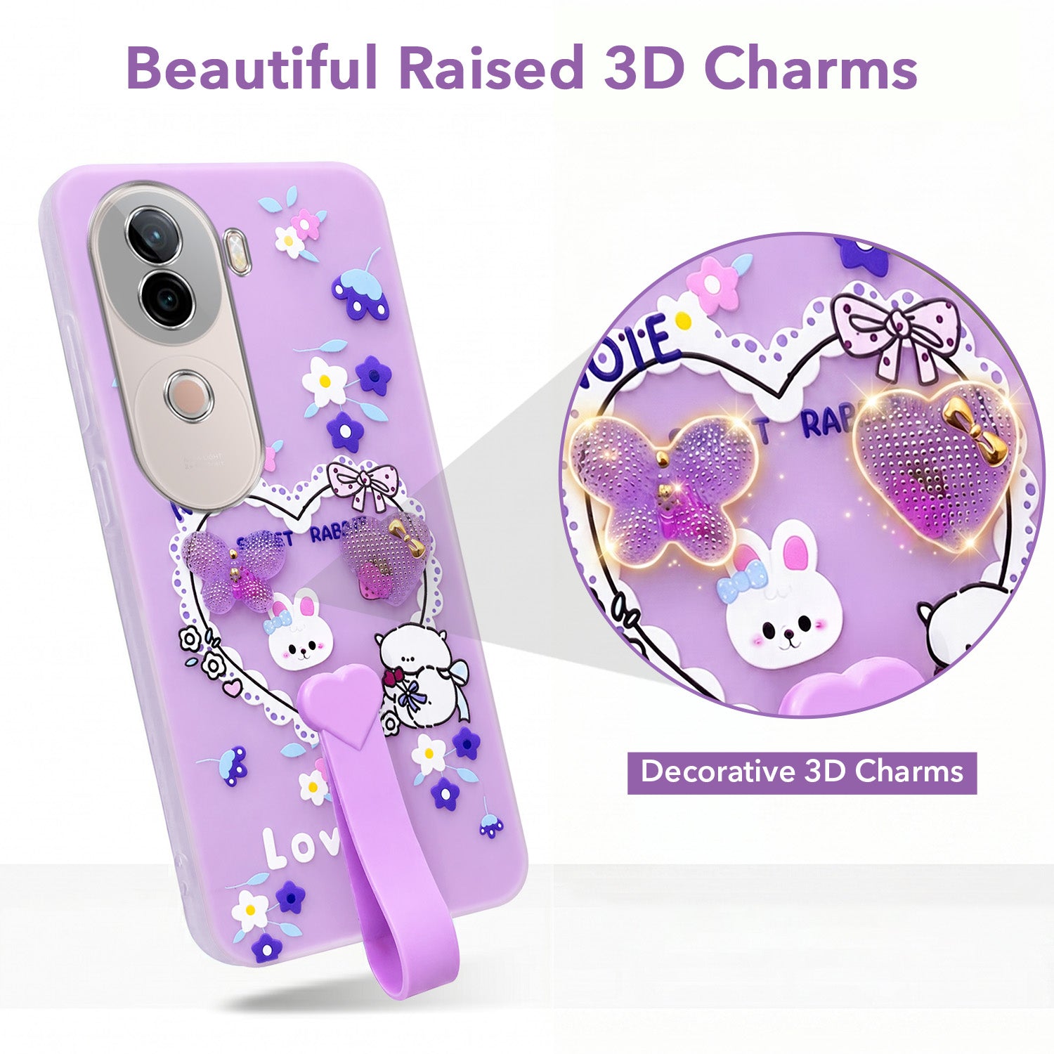 For Vivo V40e Back Cover Case (3D Cute Heart Strap Holder | Camera Protection | Designer Girls Print)