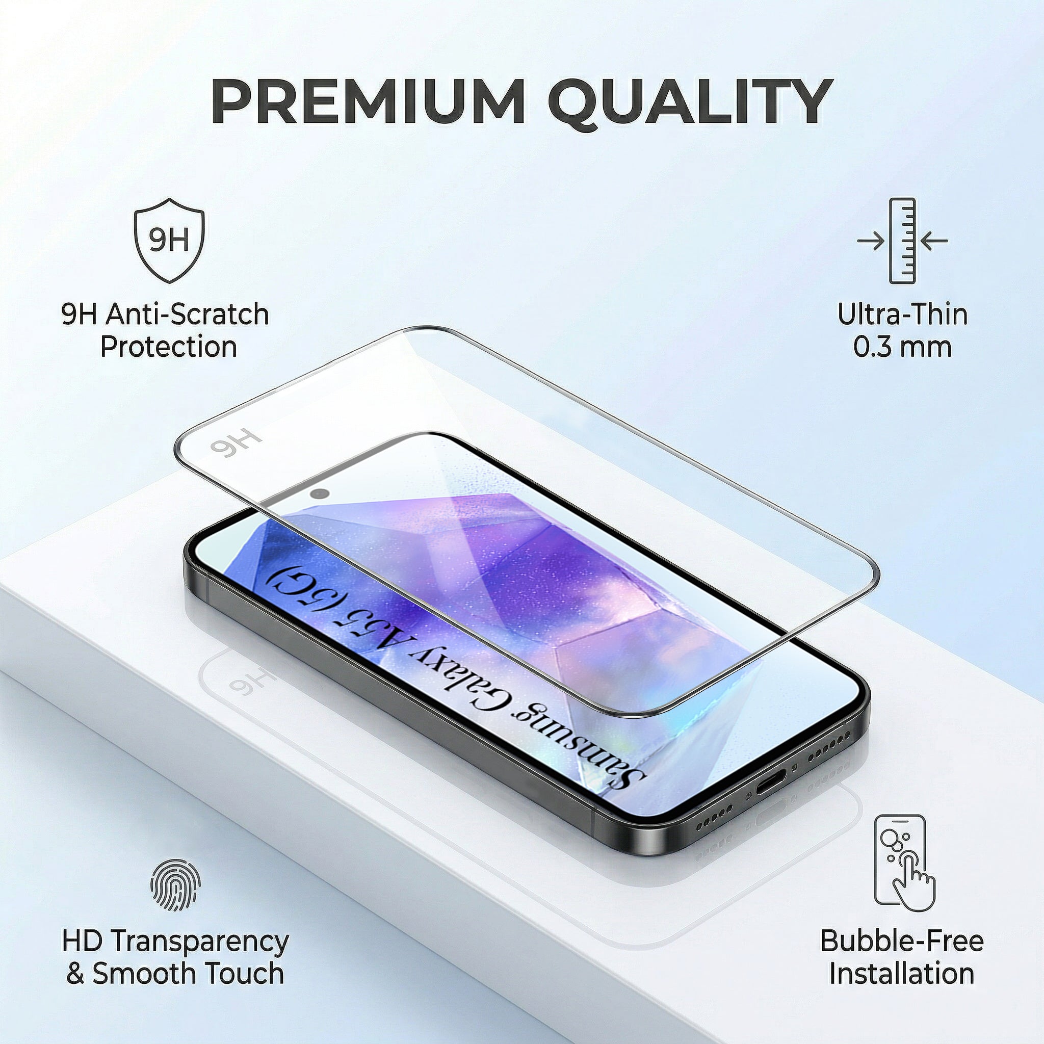 For Samsung Galaxy A55 5G Combo with Back Cover and 9H Tempered Glass (Lifetime Anti-Yellow | Sleek Hard Crystal | Oleophobic Coating Screen Glass)