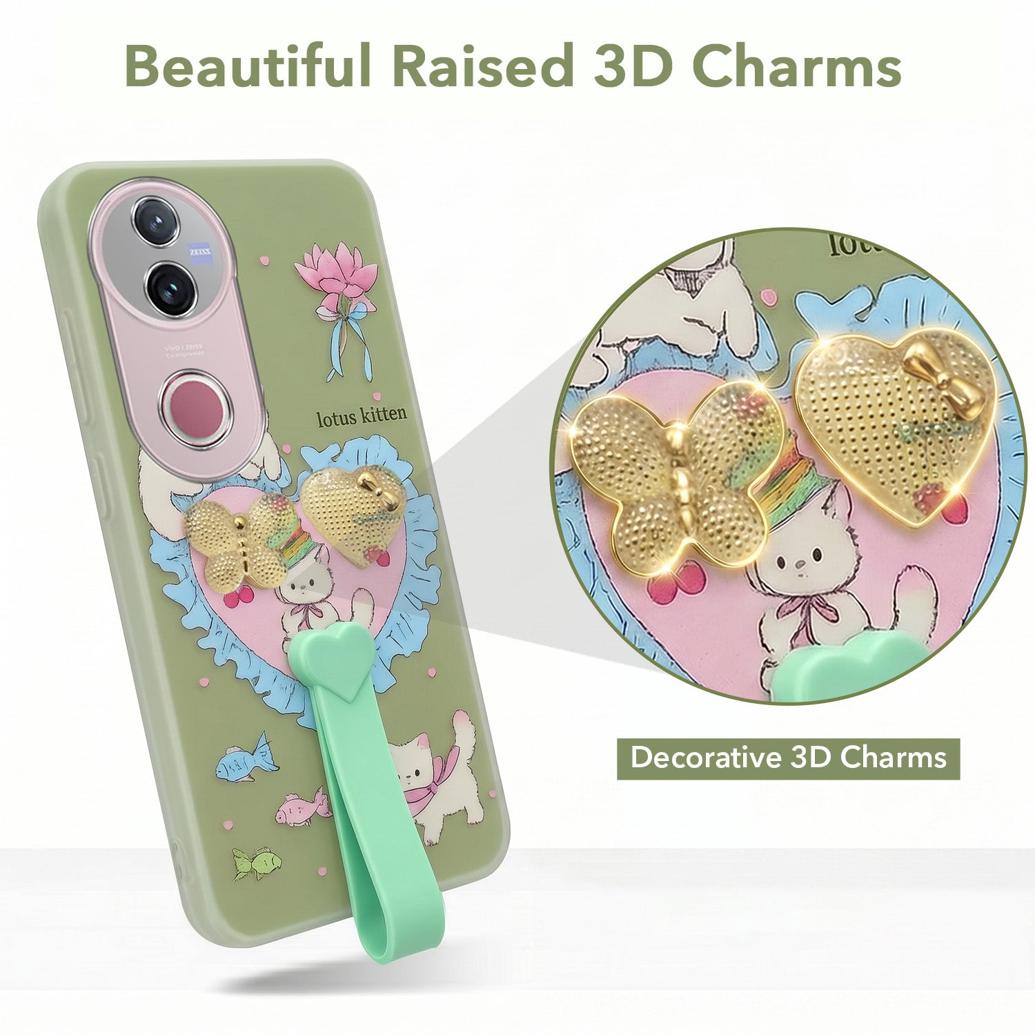 For Vivo V50 | Vivo V50e Back Cover Case (3D Cute Heart Strap Holder | Camera Protection | Designer Girls Print)
