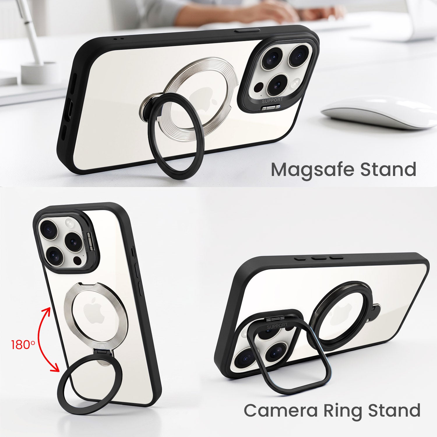 For Apple iPhone 15 Pro Back Cover Case Crystal (Lifetime Anti Yellow | Magnetic Ring Stand | Camera Lens Protection | MagSafe Compatible)