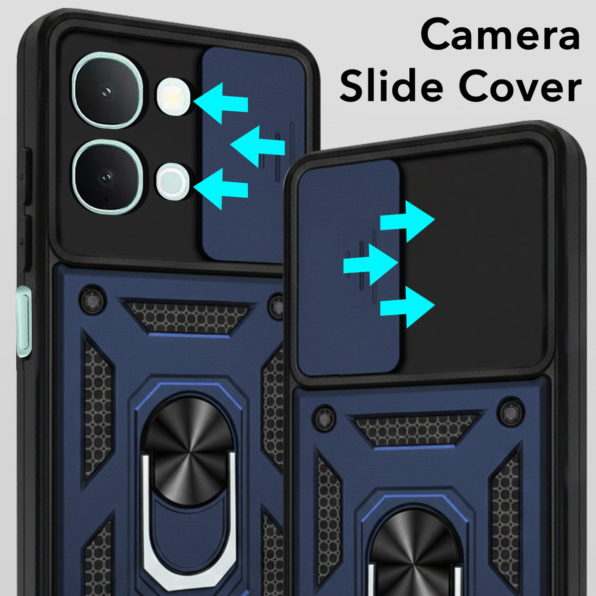 For iQOO Z11x | iQOO Z11xa Back Cover Case Hybrid Armor (Sliding Shutter Camera Protection | Polycarbonate |Ring Holder Kickstand)