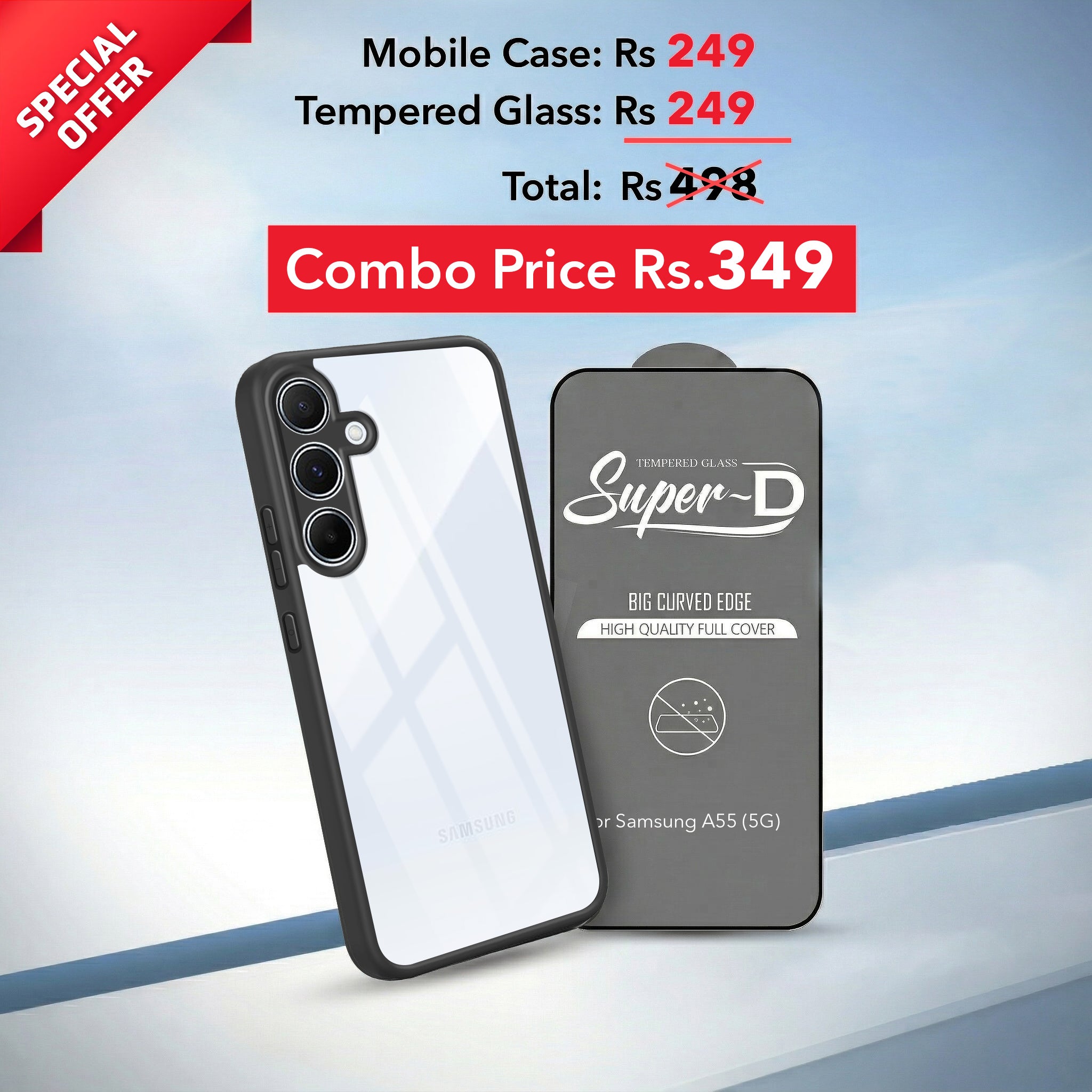 For Samsung Galaxy A55 5G Combo with Back Cover and 9H Tempered Glass (Lifetime Anti-Yellow | Crystal Clear Shockproof | Oleophobic Coating Screen Glass)
