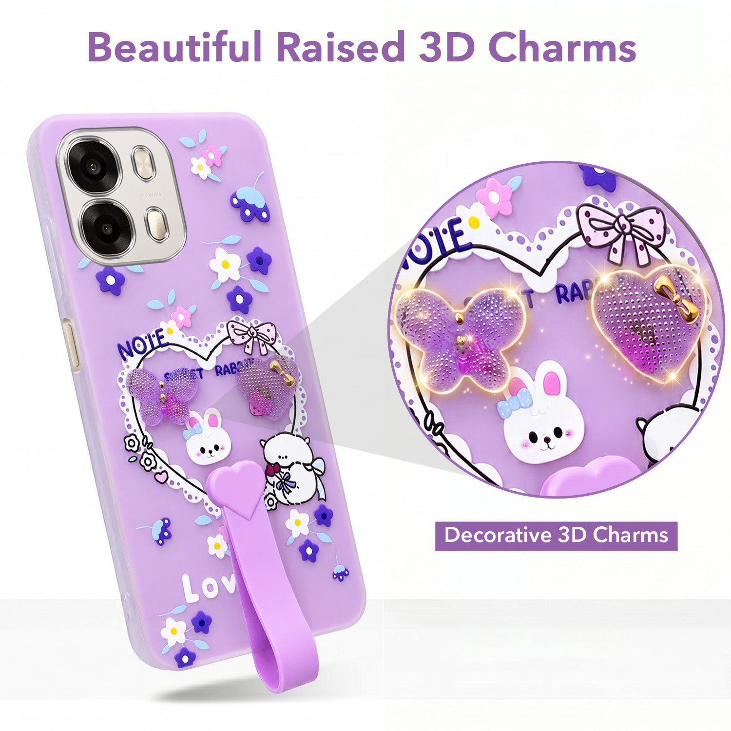 For Oppo A6 Pro Back Cover Case (3D Cute Heart Strap Holder | Camera Protection | Designer Girls Print)