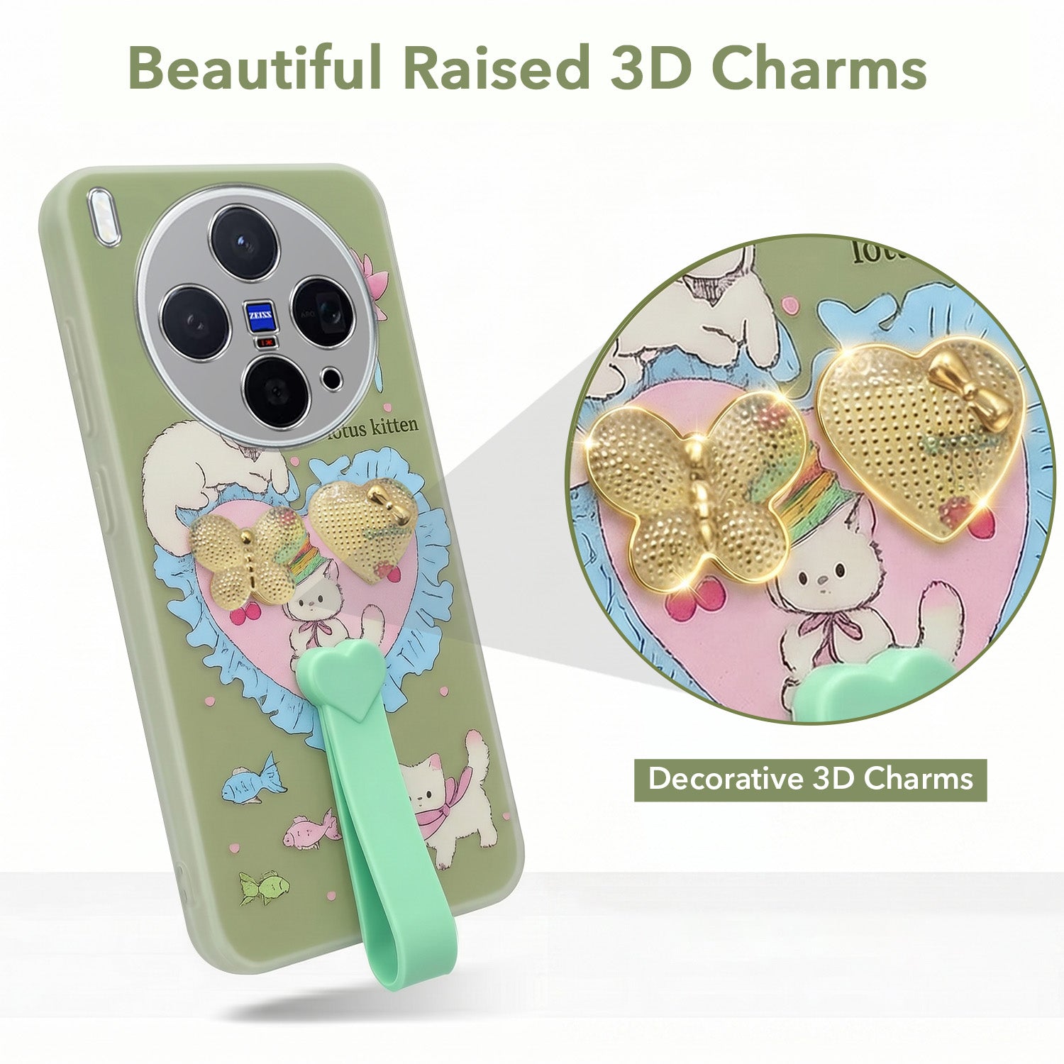 For Vivo X300 5G Back Cover Case (3D Cute Heart Strap Holder | Camera Protection | Designer Girls Print)