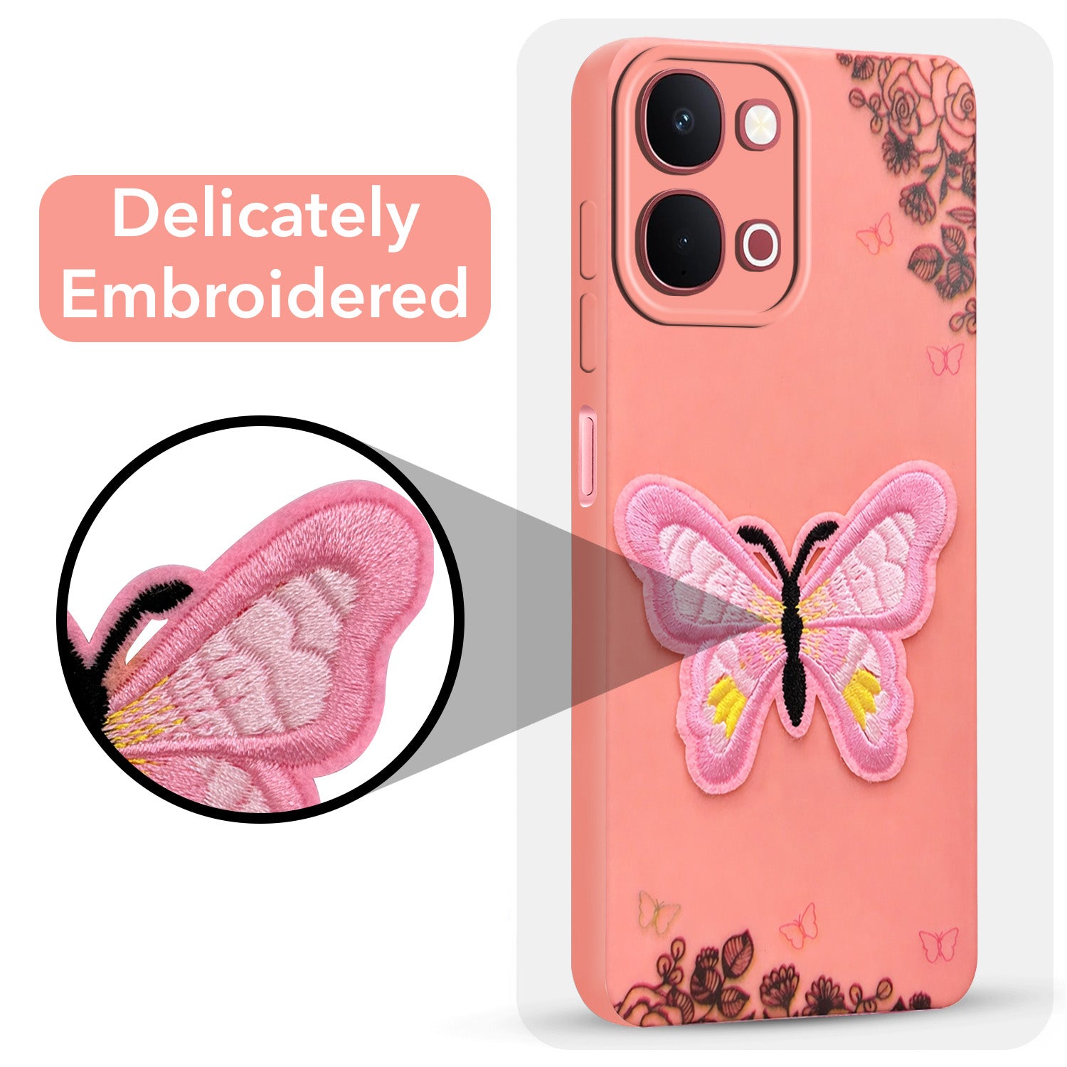 For Vivo Y51 Pro 5G | Vivo T5x Back Cover Case (Soft Butterfly Embroidery | Women Teen Girls | Camera Protection| Matte Silicone)