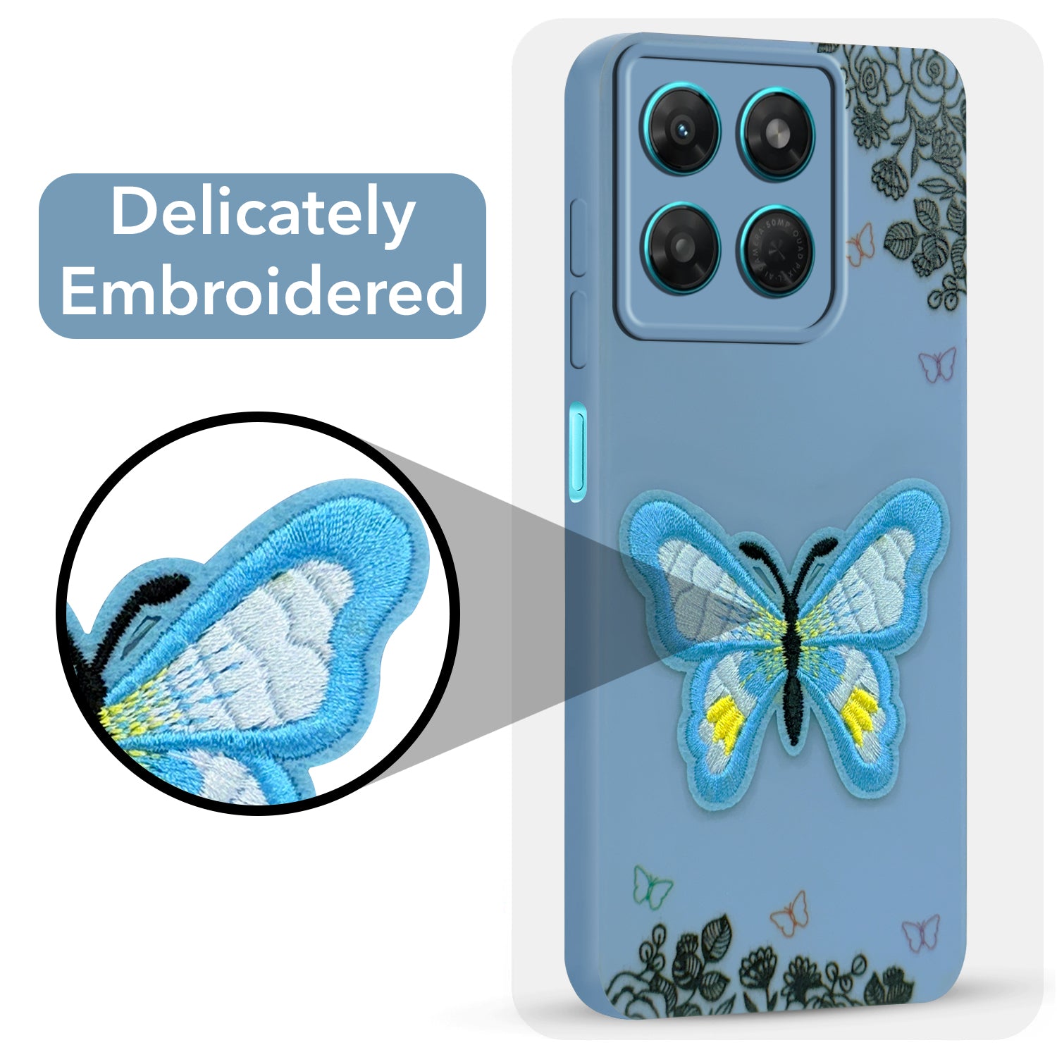 For Motorola Moto G37 Back Cover Case (Soft Butterfly Embroidery | Women Teen Girls | Camera Protection| Matte Silicone)