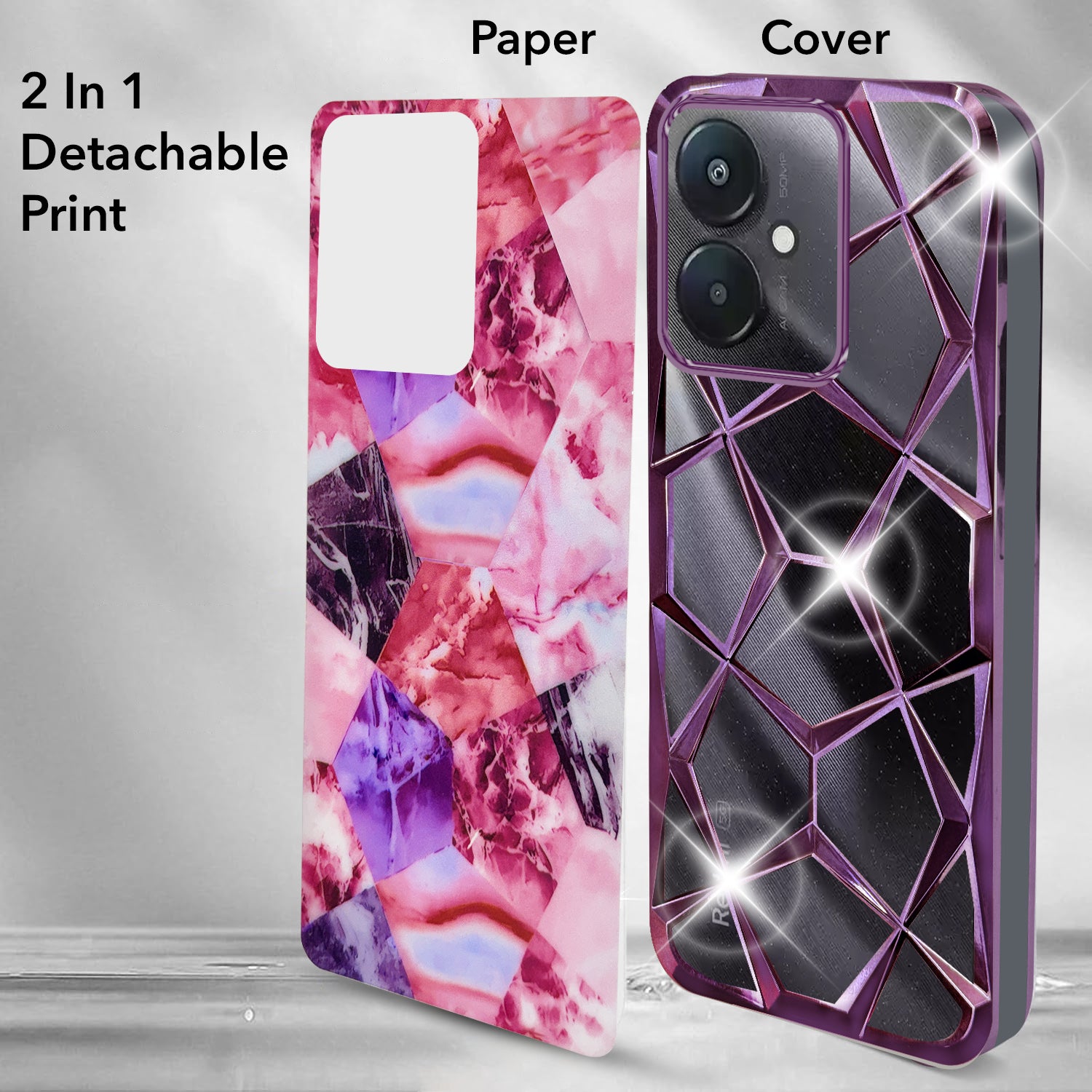 For Redmi 13C 5G Back Cover Case (Dual Design Glitter Sparkle and Detachable Diamond Print Case | Soft and Flexible)