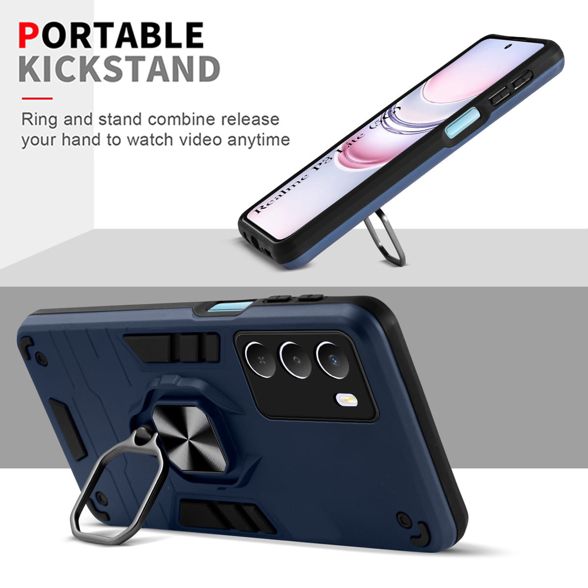 For Realme P3 Lite Hybrid Armor Back Cover Case (Shockproof Dual Layer Polycarbonate |Ring Holder Kickstand)