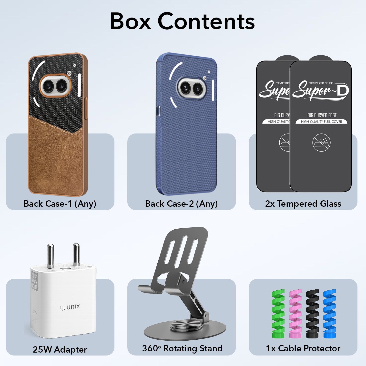 Complete Mobile Care Kit (Get Any 2 Cases+2 Tempered Glass+25W Charger Adapter+Metallic Mobile Stand+Cable Protector)