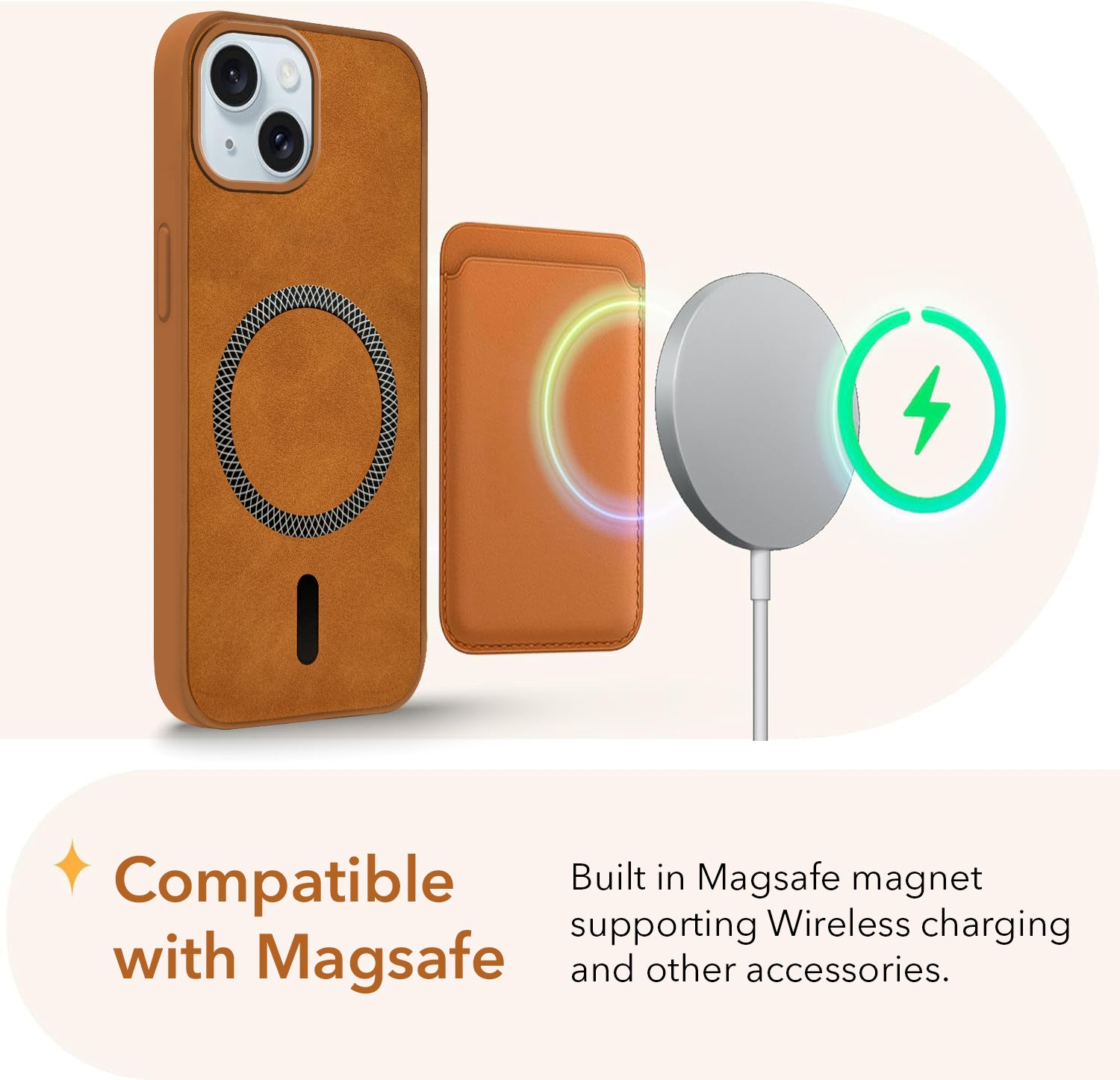 For Apple iPhone 15 Back Cover Case Leather Finish (MagSafe Compatible Wireless Charging | Soft Touch | Camera Bump Protection)