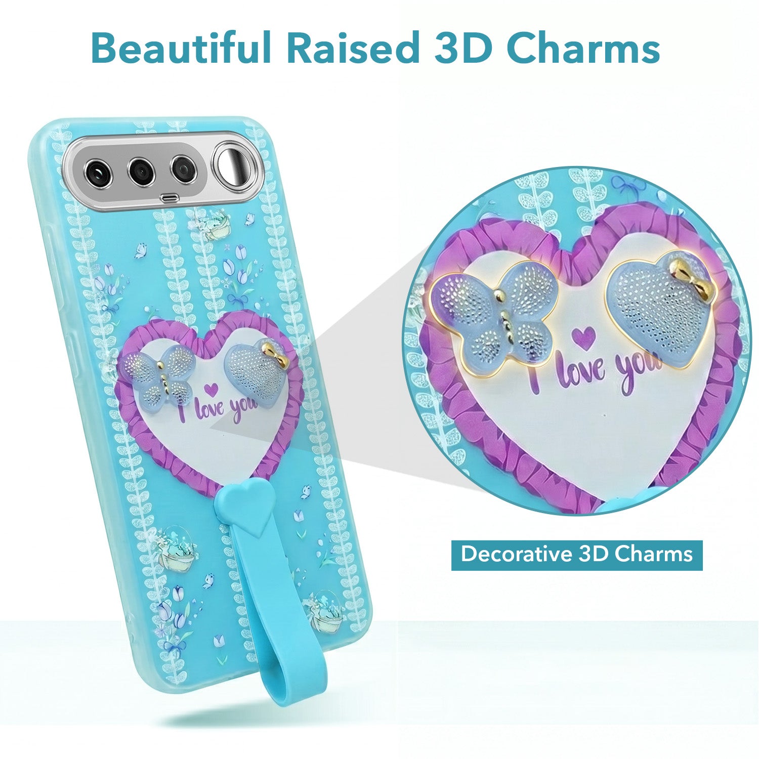 For Realme 16 Back Cover Case (3D Cute Heart Strap Holder | Camera Protection | Designer Girls Print)