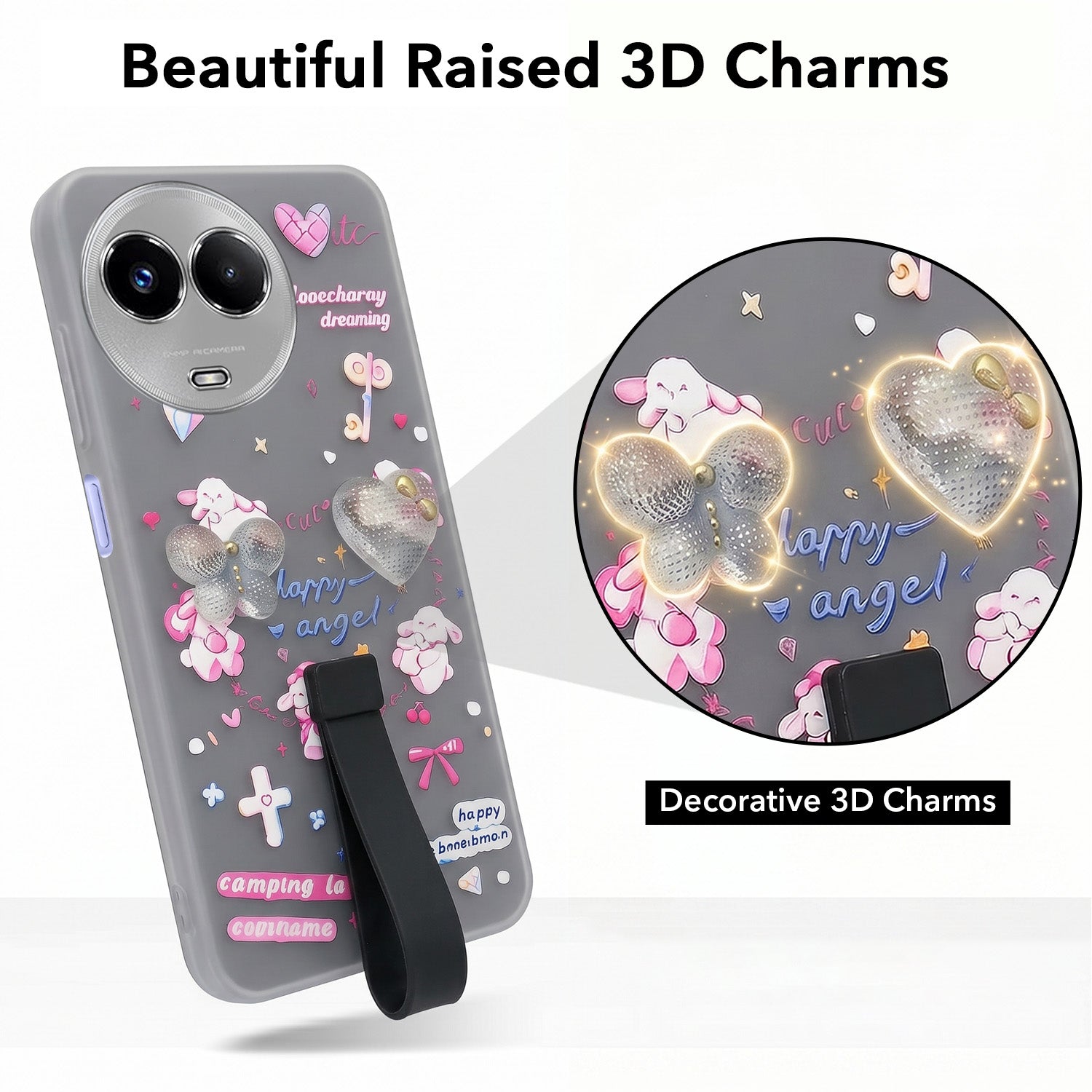 For Realme Narzo 60x Back Cover Case (3D Cute Heart Strap Holder | Camera Protection | Designer Girls Print)