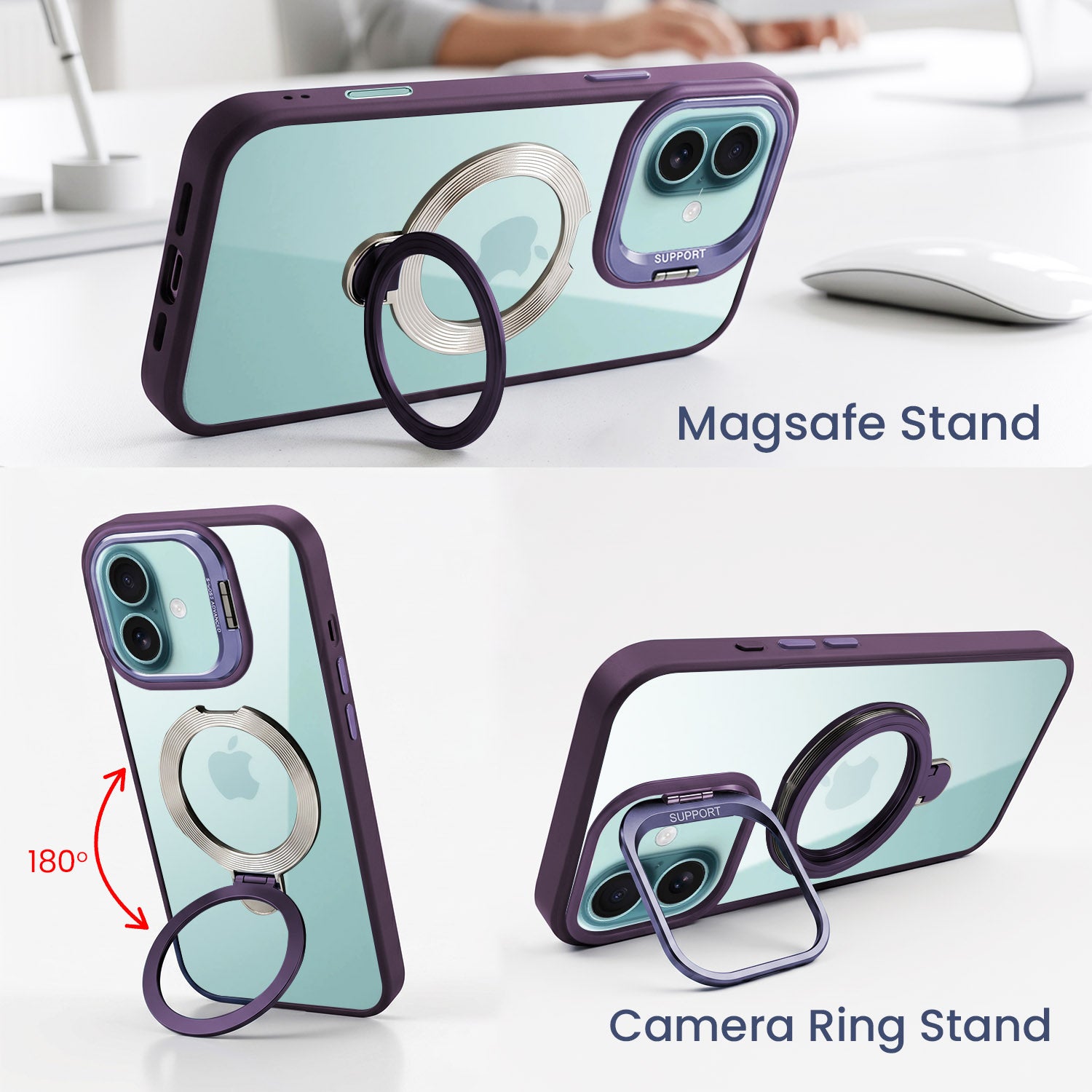 For Apple iPhone 16 Back Cover Case Crystal (Lifetime Anti Yellow | Magnetic Ring Stand | Camera Lens Protection | MagSafe Compatible)