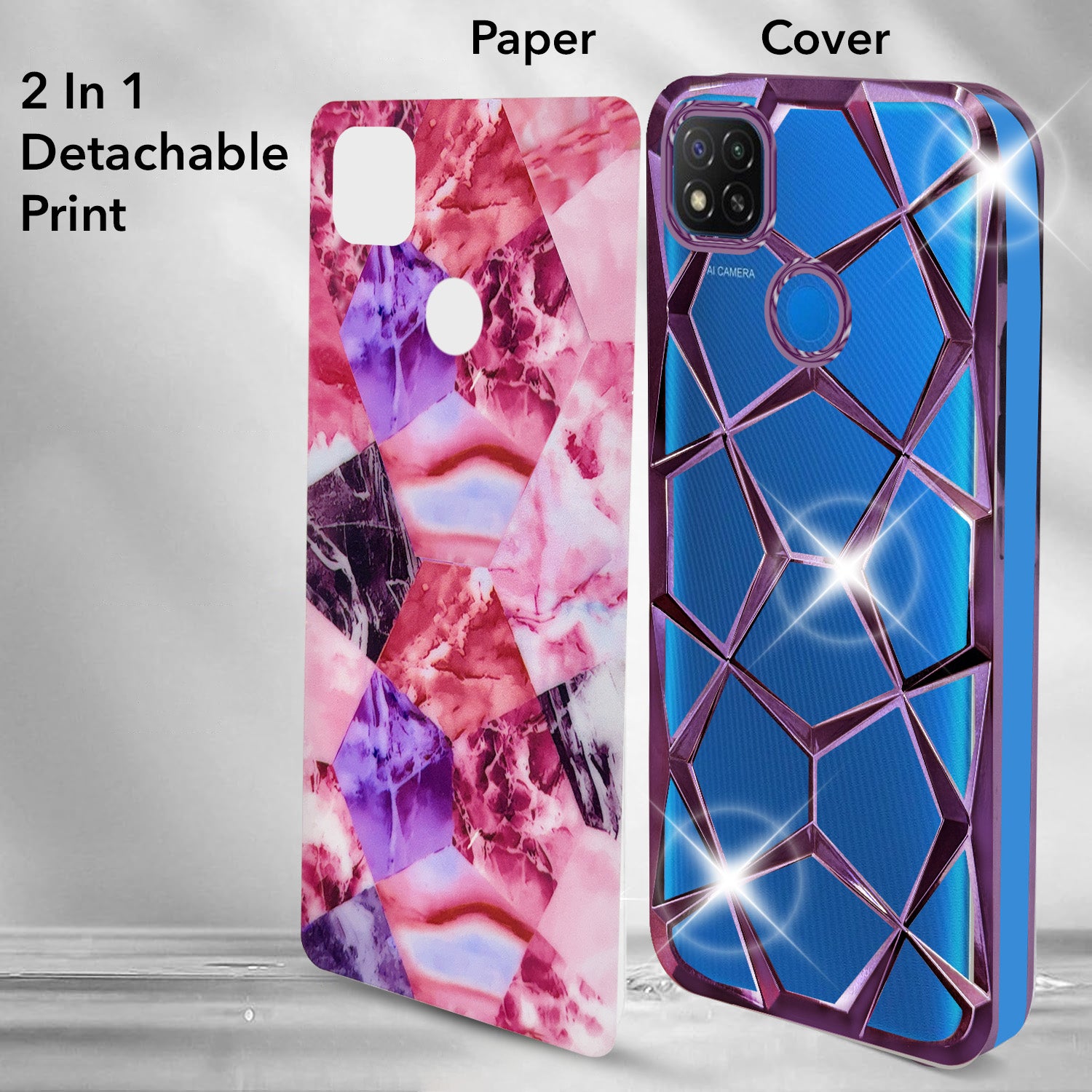 For Redmi 9C Back Cover Case (Dual Design Glitter Sparkle and Detachable Diamond Print Case | Soft and Flexible)