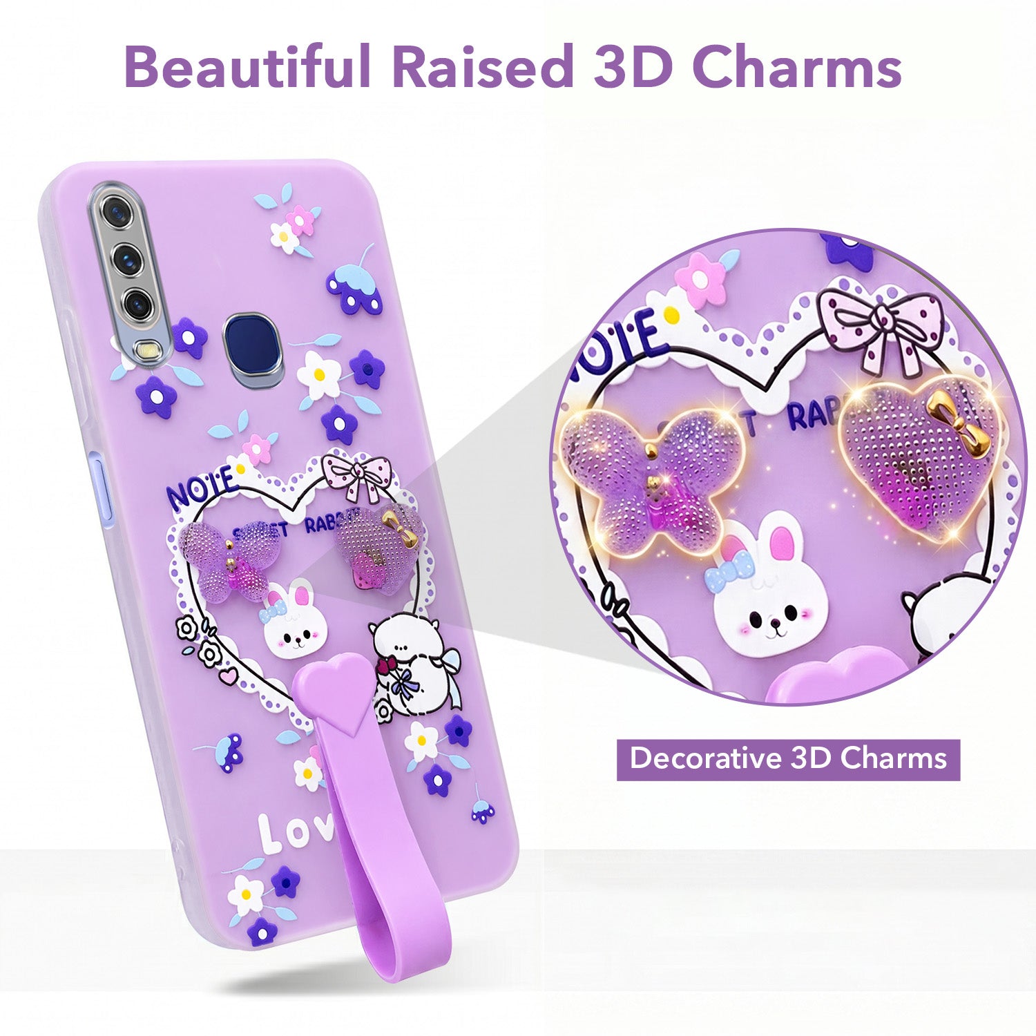For Vivo Y12 | Y15 | Y17 Back Cover Case (3D Cute Heart Strap Holder | Camera Protection | Designer Girls Print)