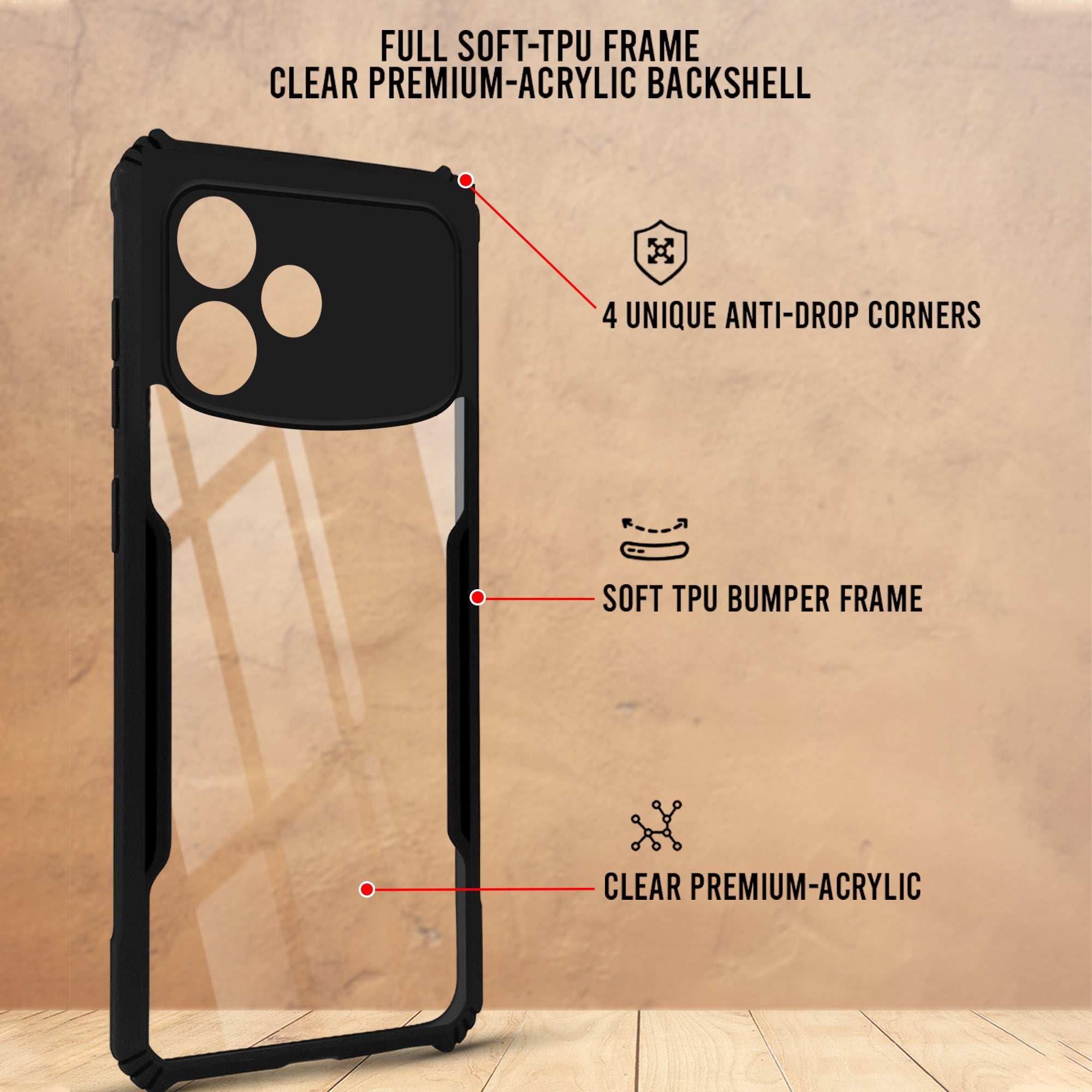 For Oppo F33 Pro 5G Back Cover Case Hybrid (Shockproof with Polycarbonate Clear Panel | Professional Black)