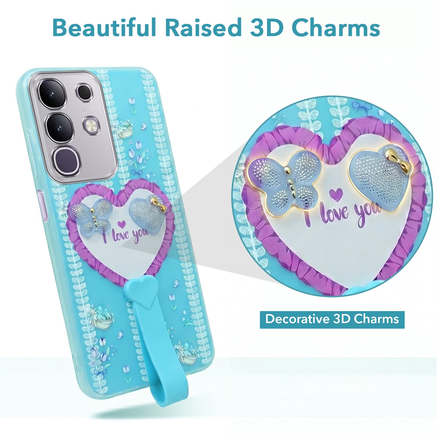 For Vivo T4x | Vivo Y31 Pro Back Cover Case (3D Cute Heart Strap Holder | Camera Protection | Designer Girls Print)