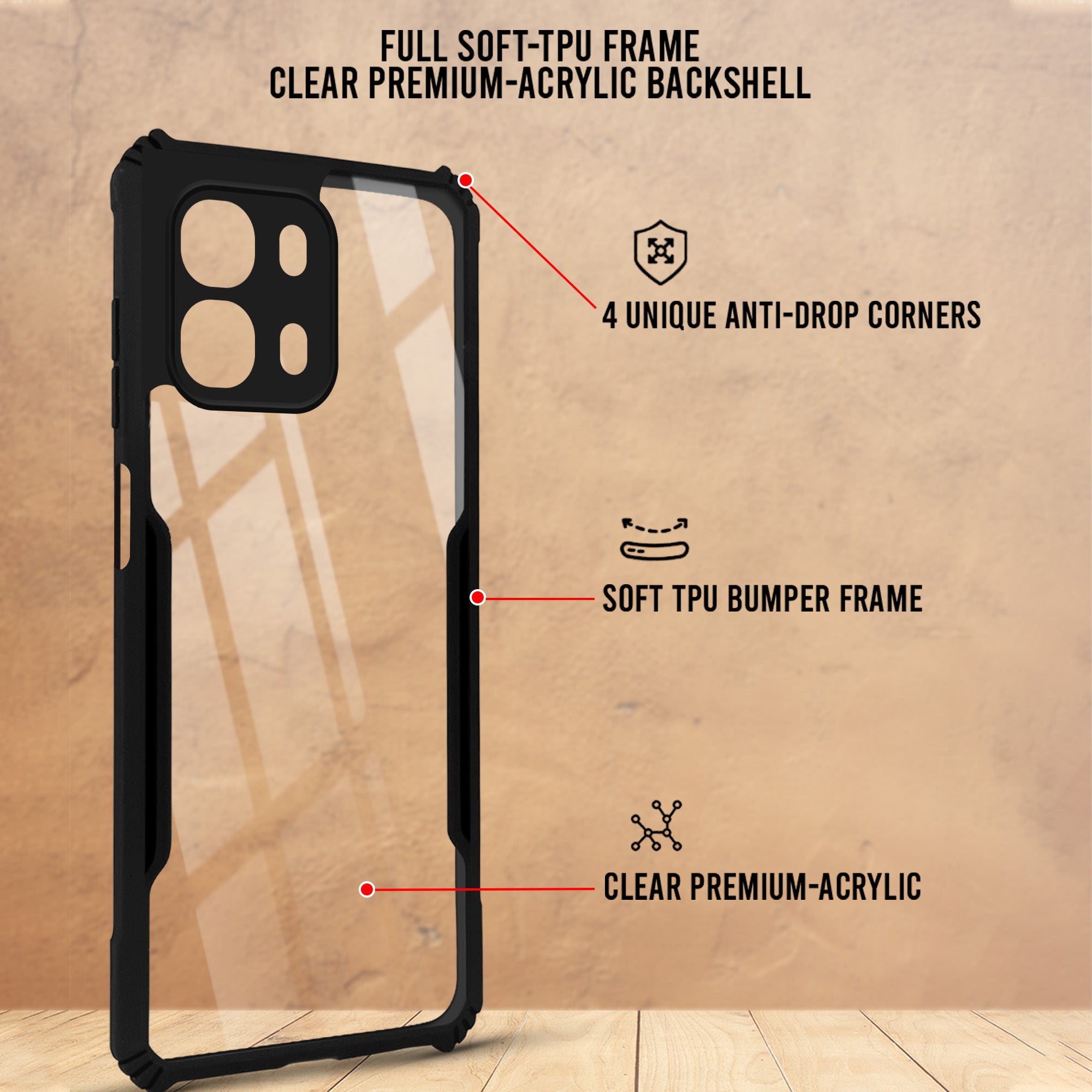 For Oppo A6 Pro Back Cover Case Hybrid (Shockproof with Polycarbonate Clear Panel | Professional Black)