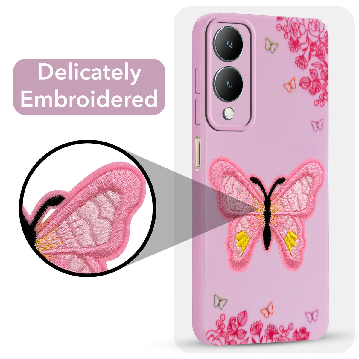 For Vivo Y28 5G Back Cover Case (Soft Butterfly Embroidery | Women Teen Girls | Camera Protection| Matte Silicone)