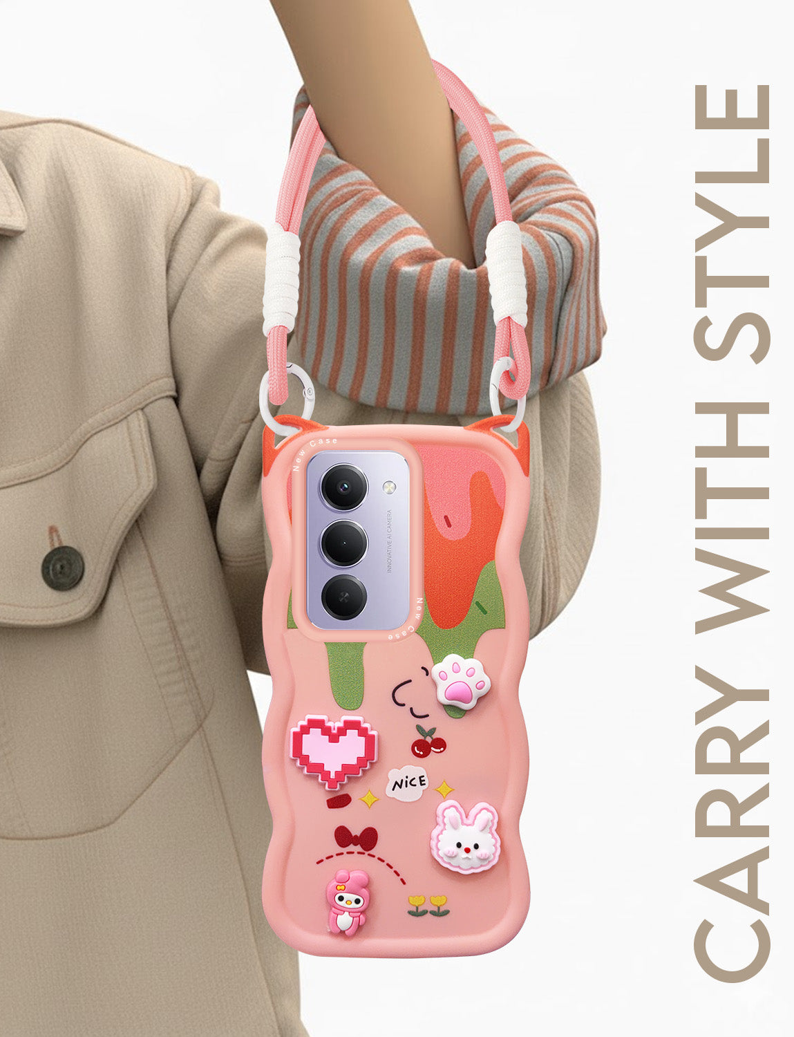 For Redmi 15 Back Case Cover Strap (3D Embossed Figures | Strap Holder | 360* Soft Cushion with Camera Bump)