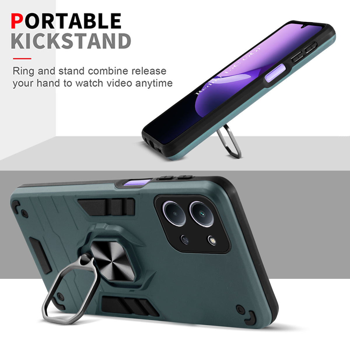 For Redmi 15C Hybrid Armor Back Cover Case (Shockproof Dual Layer Polycarbonate |Ring Holder Kickstand)