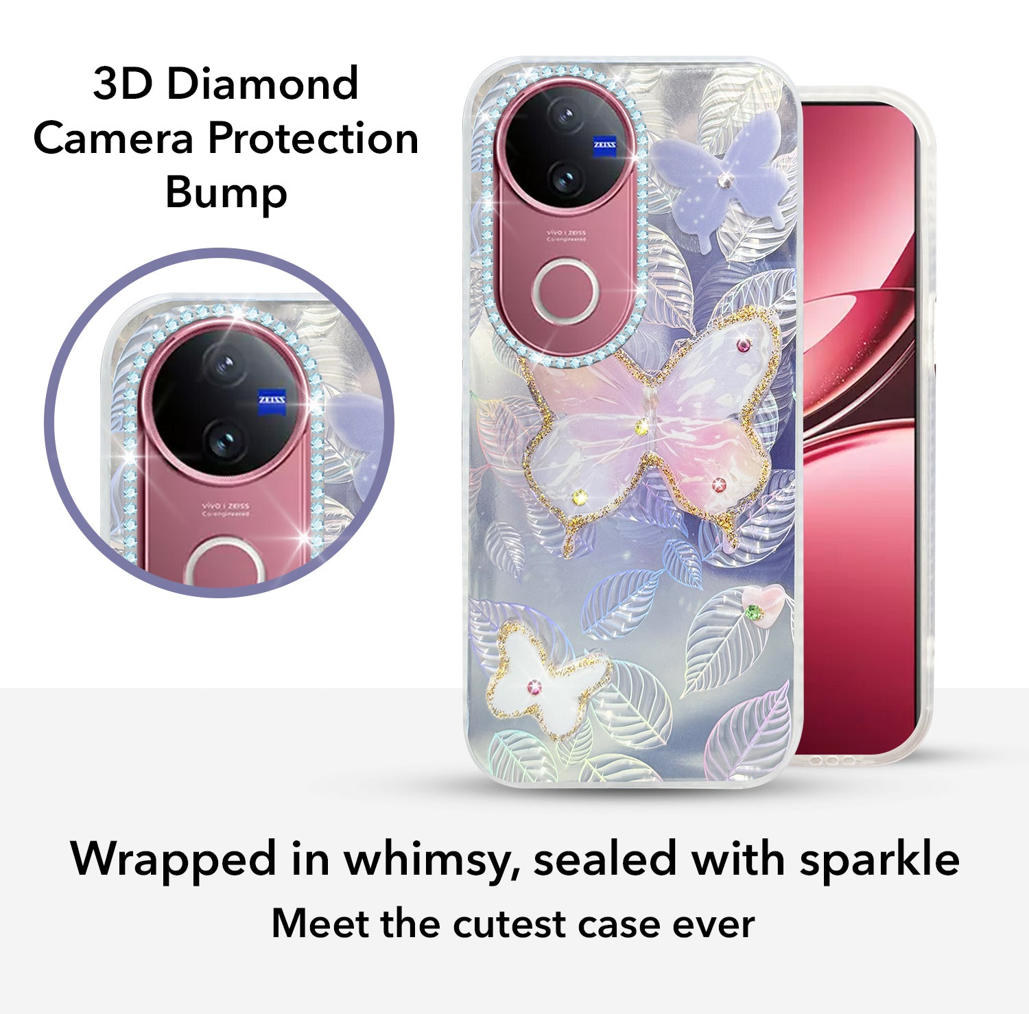 For Vivo V50 | Vivo V50e Back Cover Case (Luxury Floral Glitter Cute Butterfly | Diamond Studded Camera Bump | Girls & Women Design)