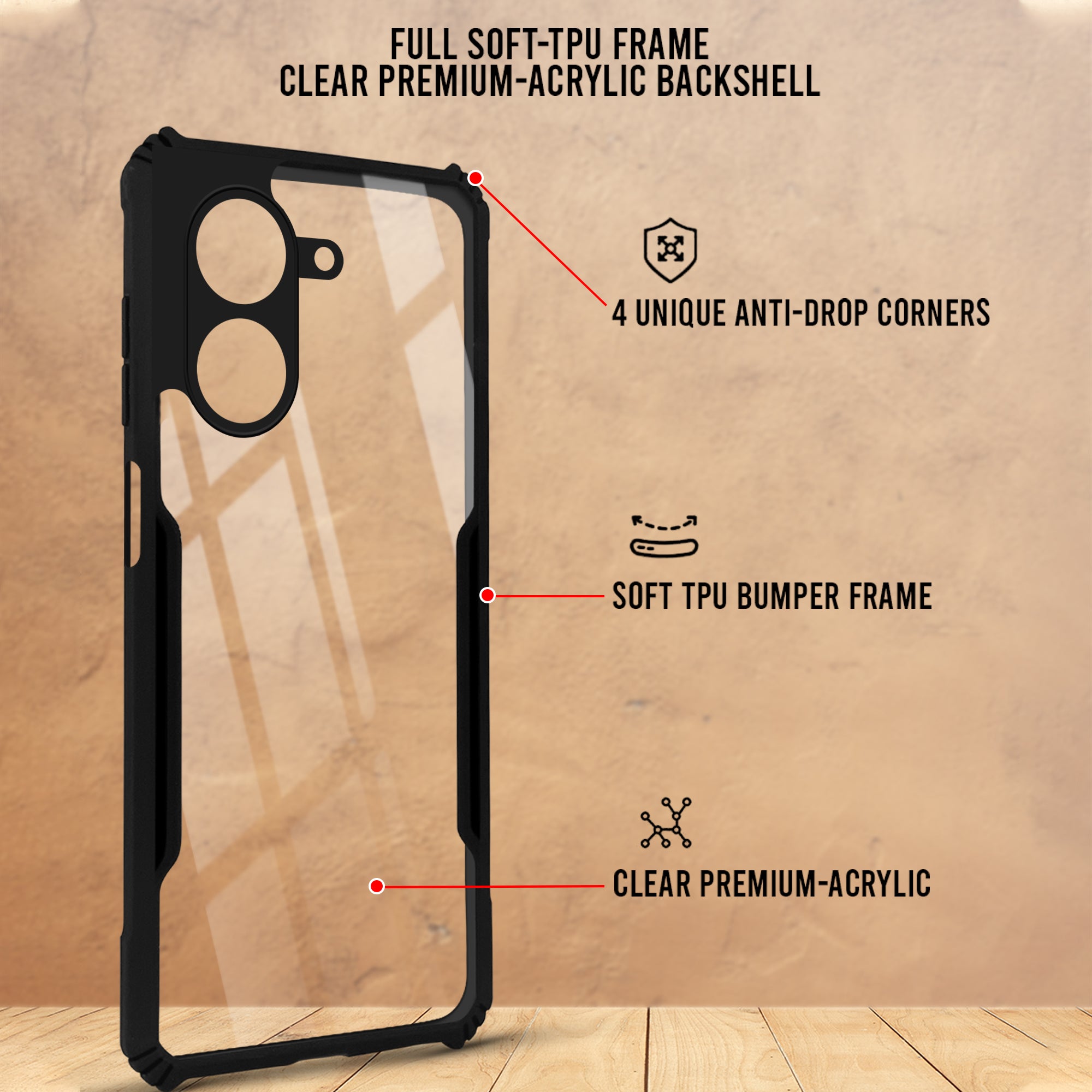 For Poco C81x Back Cover Case Hybrid (Shockproof with Polycarbonate Clear Panel | Professional Black)