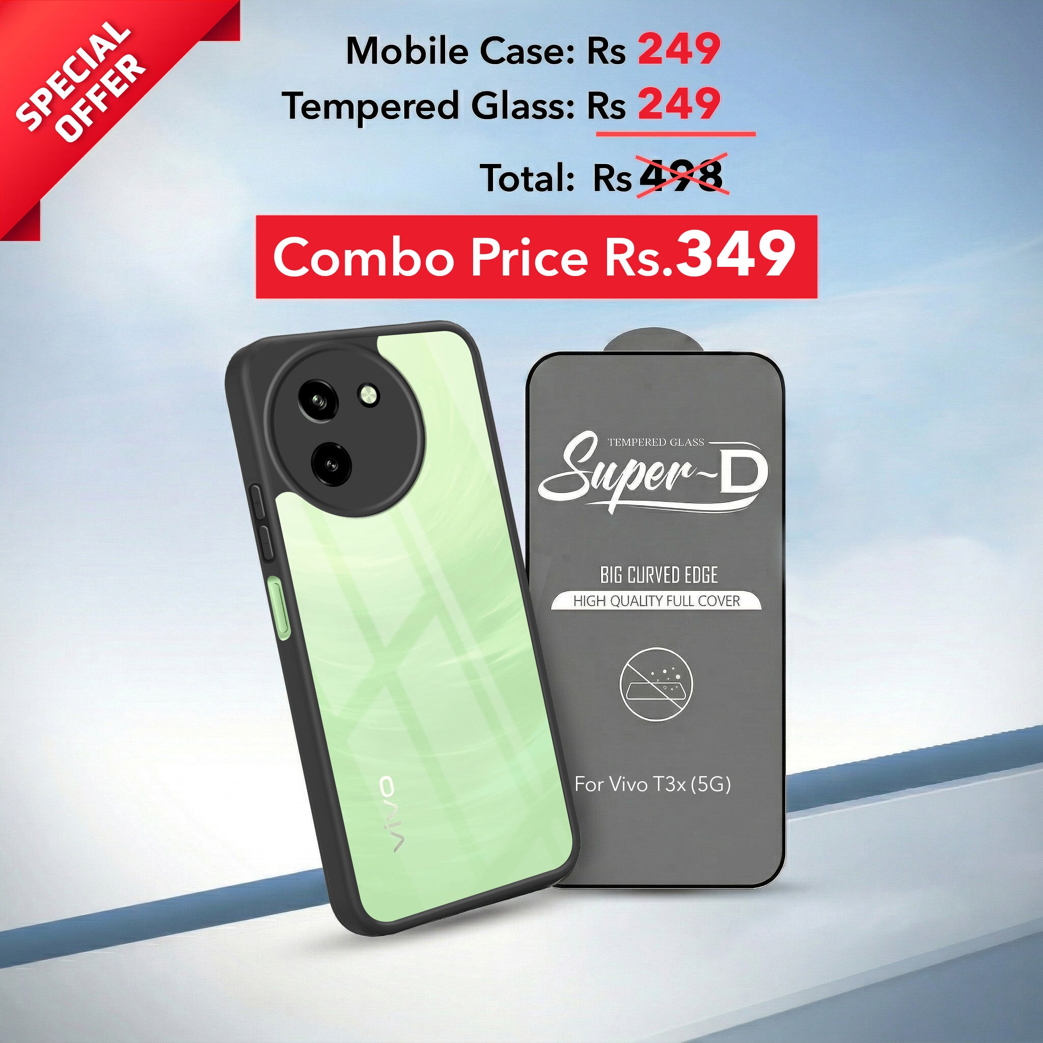 For Vivo T3X 5G Combo with Back Cover and 9H Tempered Glass (Lifetime Anti-Yellow | Crystal Clear Shockproof | Oleophobic Coating Screen Glass)