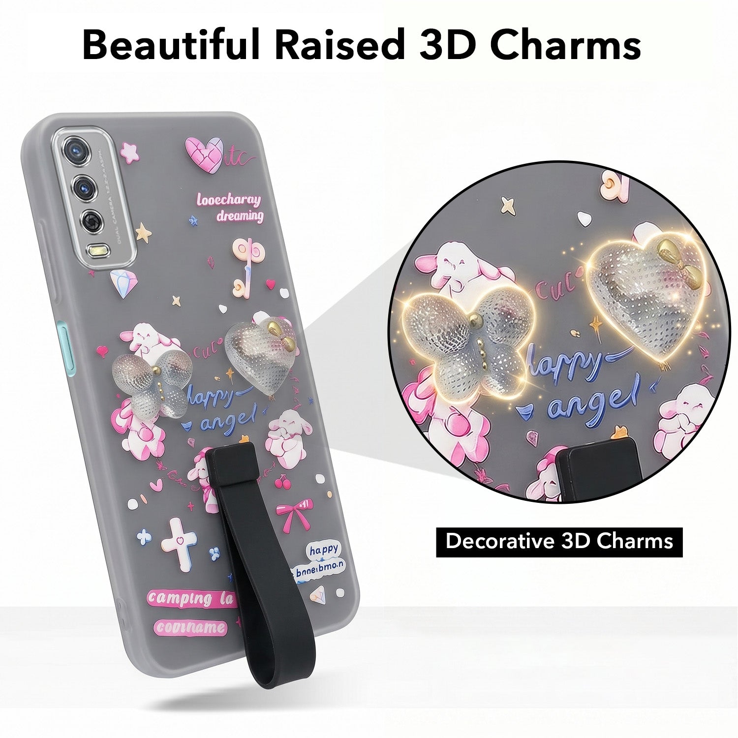 For Vivo Y12s | Y11s | Y12G Back Cover Case (3D Cute Heart Strap Holder | Camera Protection | Designer Girls Print)