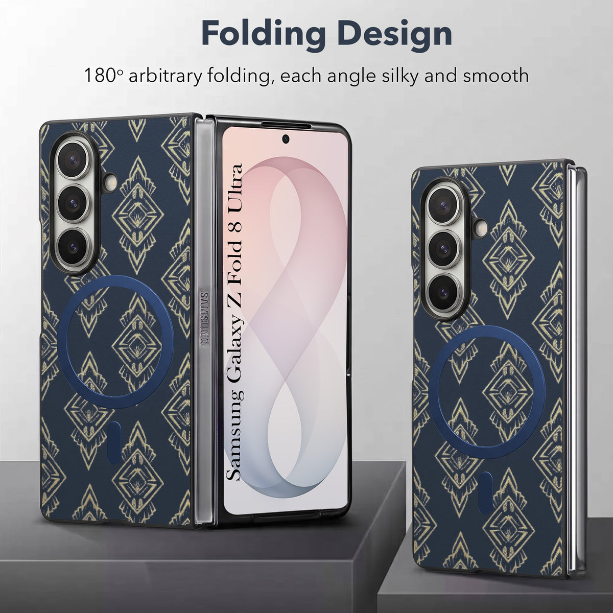 For Samsung Galaxy Z Fold 8 Ultra Back Cover Case Premium Magnetic (MagSafe Compatible | 180° Folding Design | Geometric Gold Pattern | Soft Microfiber Inner Lining)