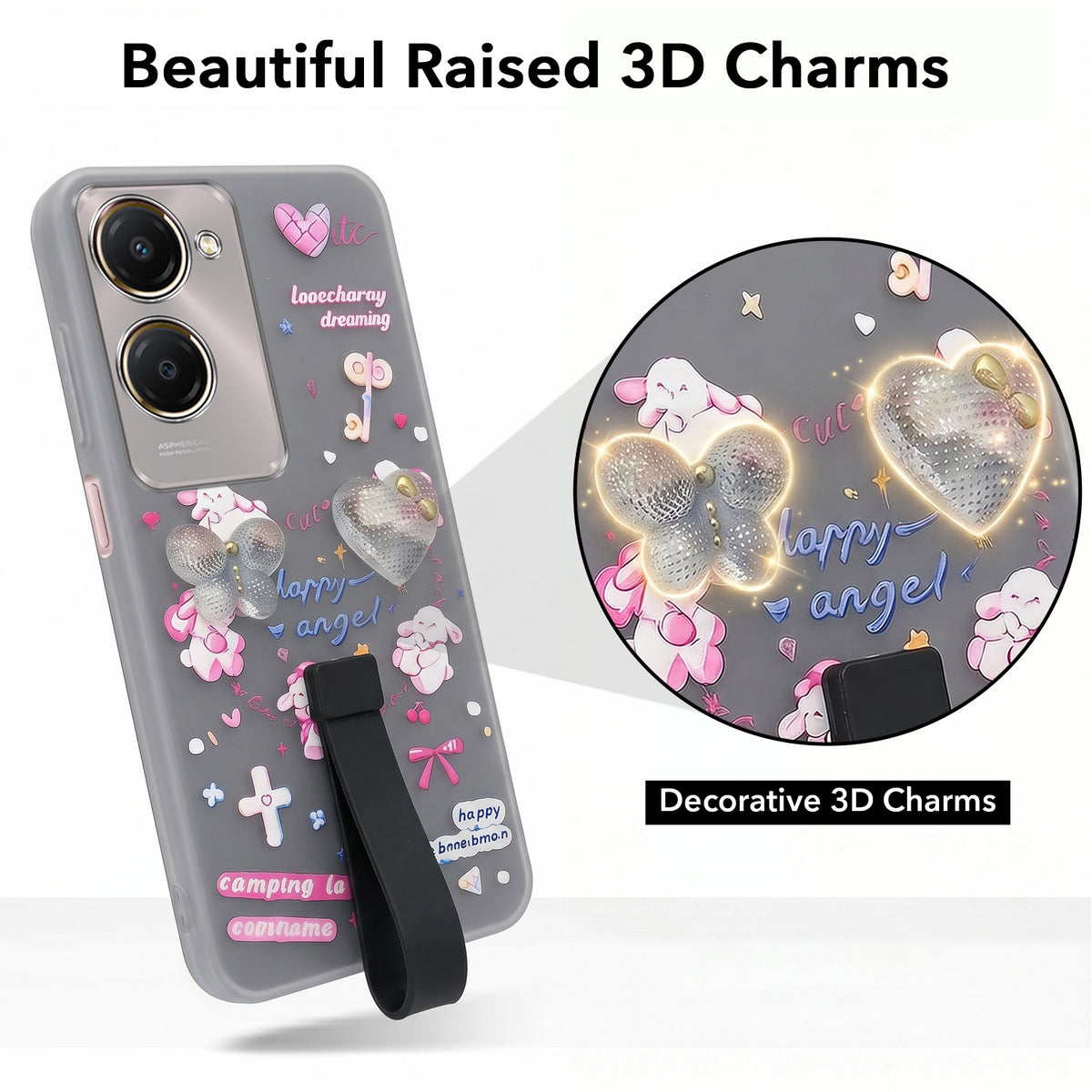 For Vivo Y28s 5G | Vivo T3 Lite 5G Back Cover Case (3D Cute Heart Strap Holder | Camera Protection | Designer Girls Print)