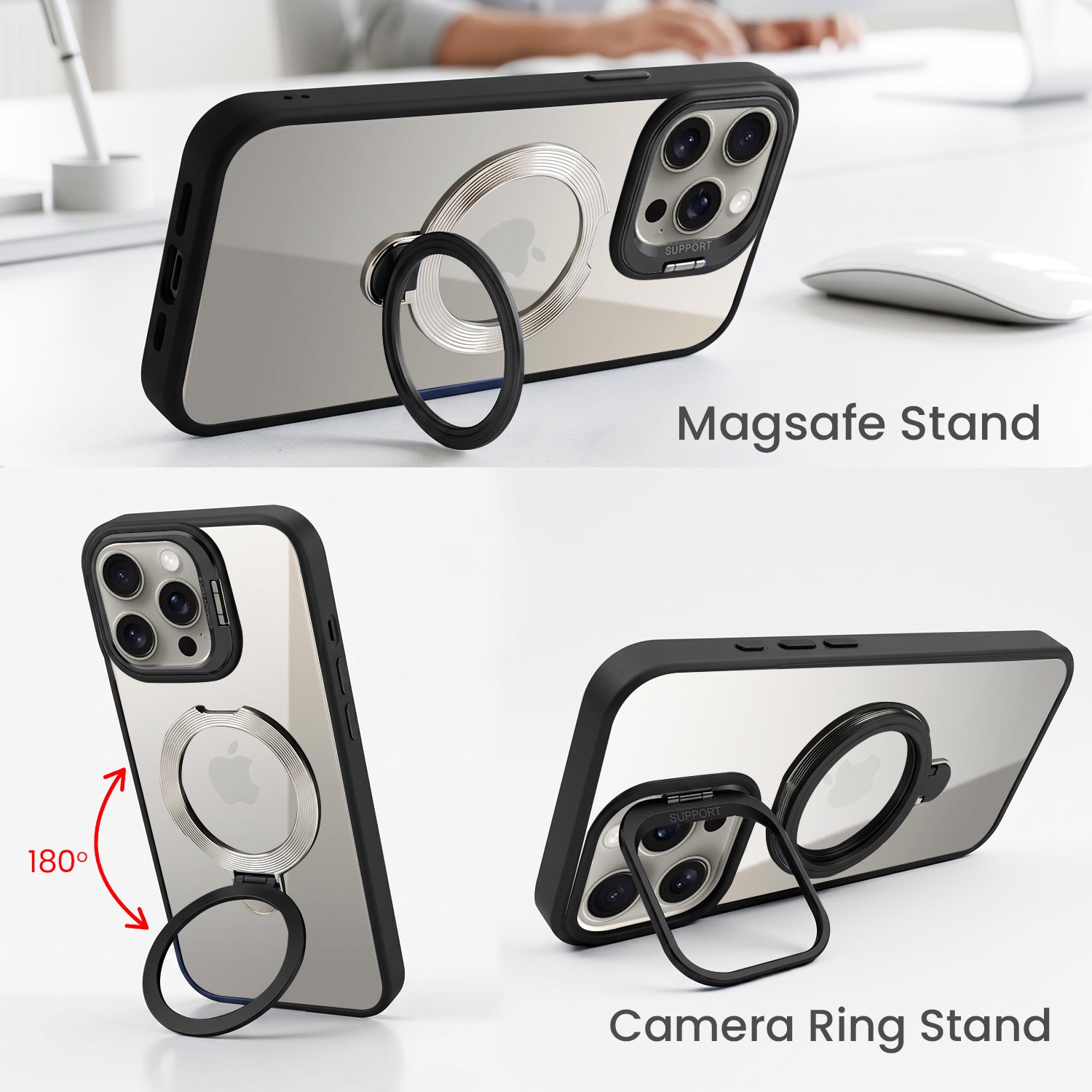 For Apple iPhone 15 Pro Max Back Cover Case Crystal (Lifetime Anti Yellow | Magnetic Ring Stand | Camera Lens Protection | MagSafe Compatible)