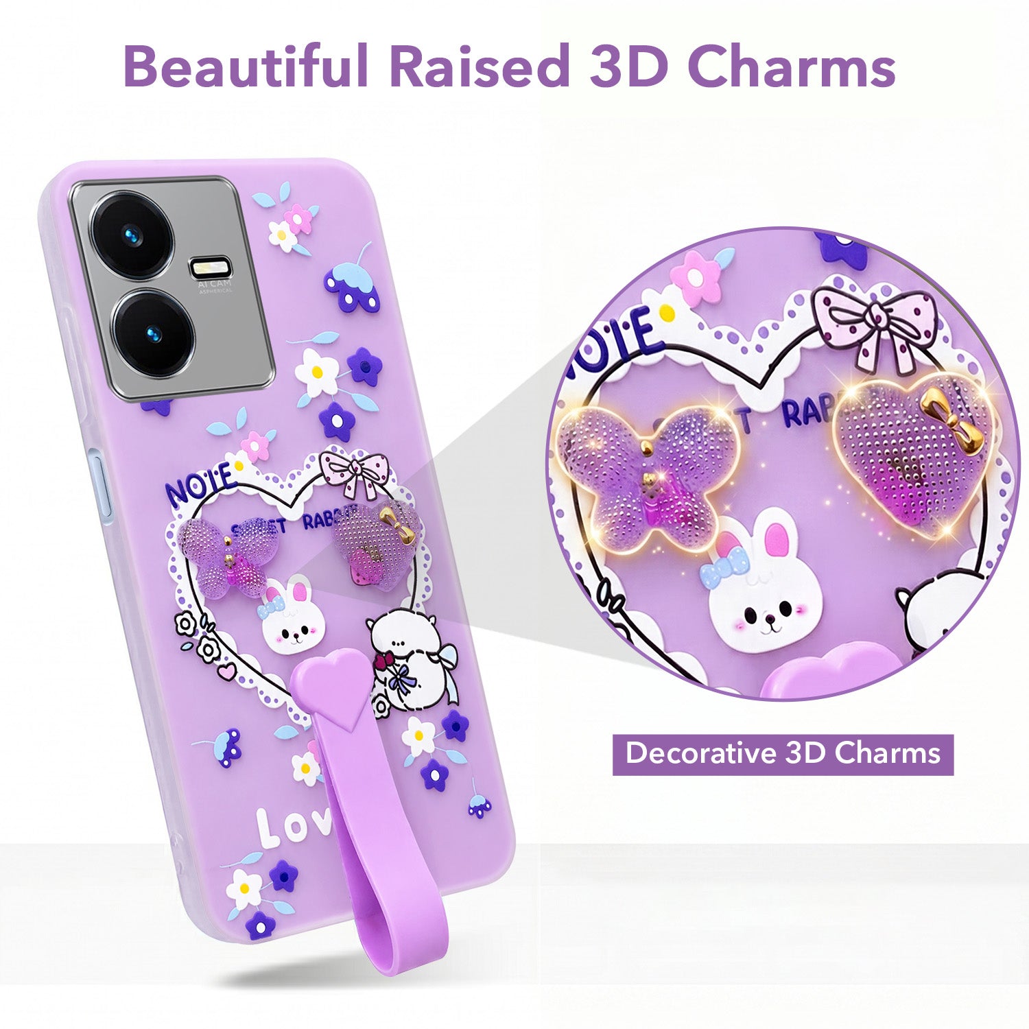 For Vivo Y22 | Vivo Y22s Back Cover Case (3D Cute Heart Strap Holder | Camera Protection | Designer Girls Print)