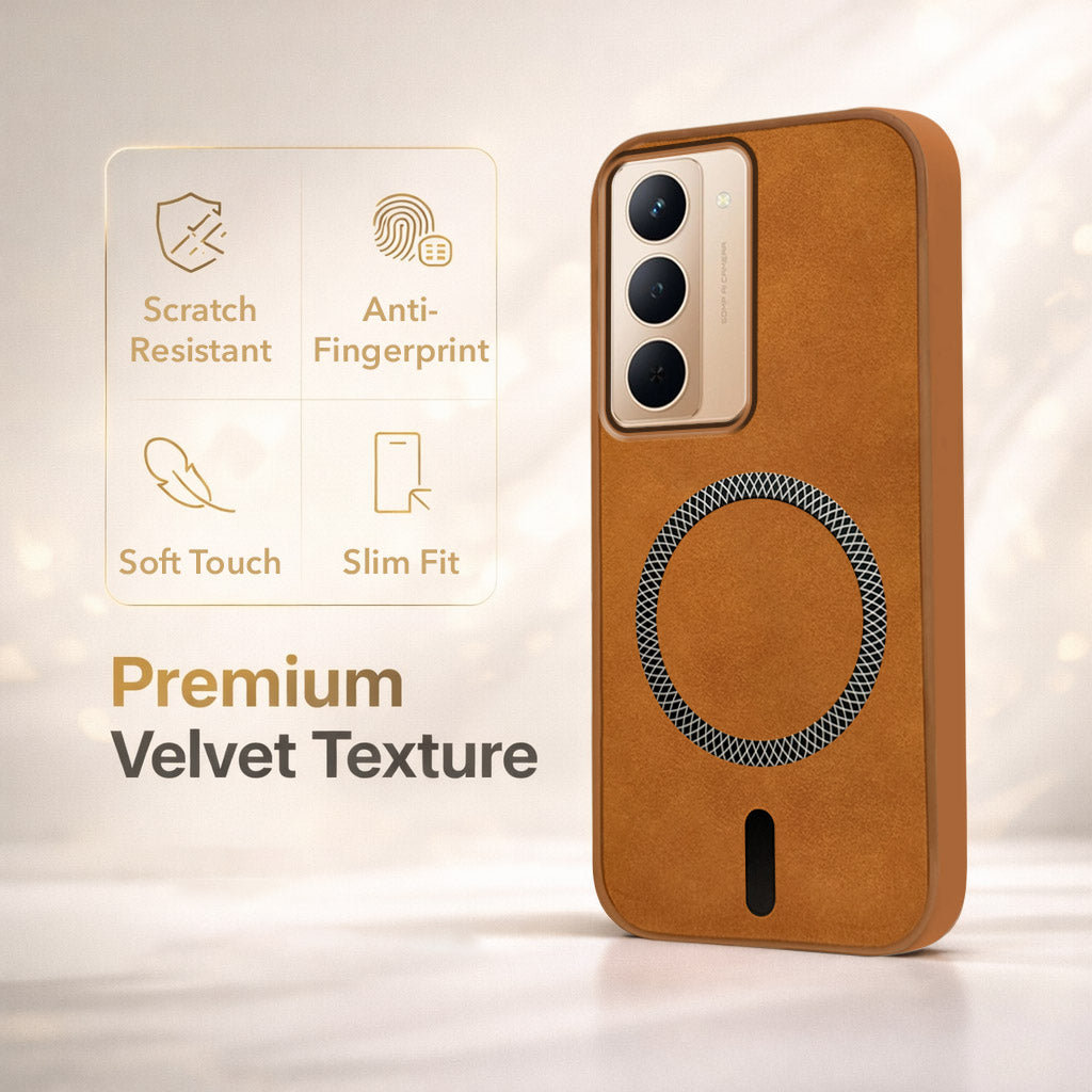For Realme P3x Back Cover Case Leather Finish (MagSafe Compatible Wireless Charging | Soft Touch | Camera Bump Protection)