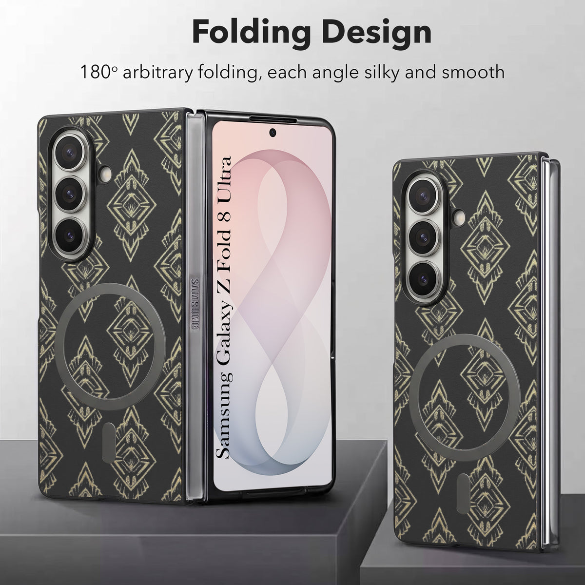 For Samsung Galaxy Z Fold 8 Ultra Back Cover Case Premium Magnetic (MagSafe Compatible | 180° Folding Design | Geometric Gold Pattern | Soft Microfiber Inner Lining)