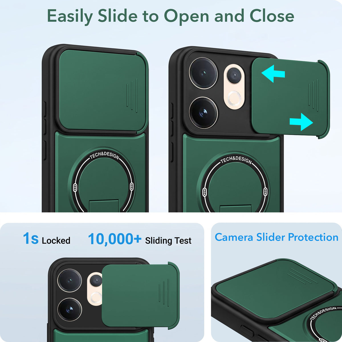 For Vivo V60 | Vivo T4 Pro Back Case Cover Metallic (Hybrid Armor Kickstand | Sliding Shutter Camera Protection | MagSafe Compatible)