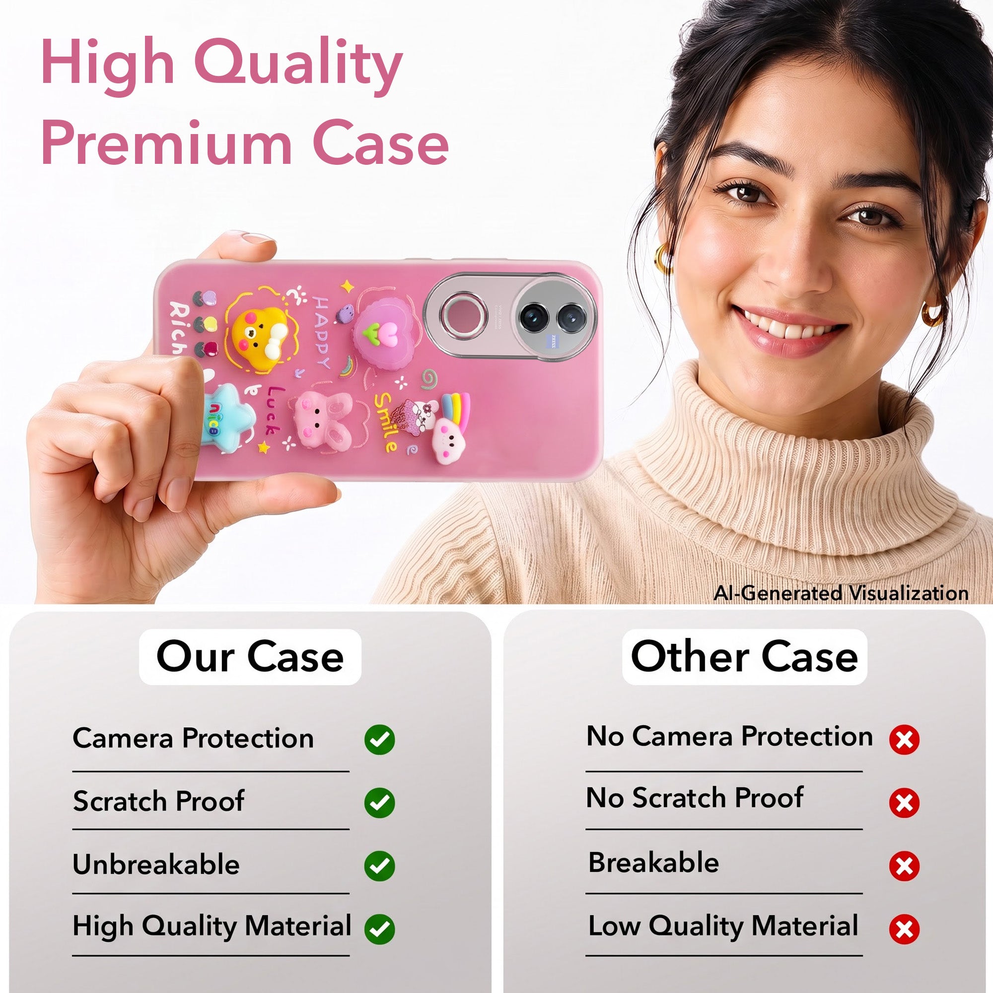 For Vivo V50 | Vivo V50e Back Cover Case (Cute 3D cartoon charms design | Slim Aesthetic Case for Girls | Camera Protection | Hard Unbreakable)