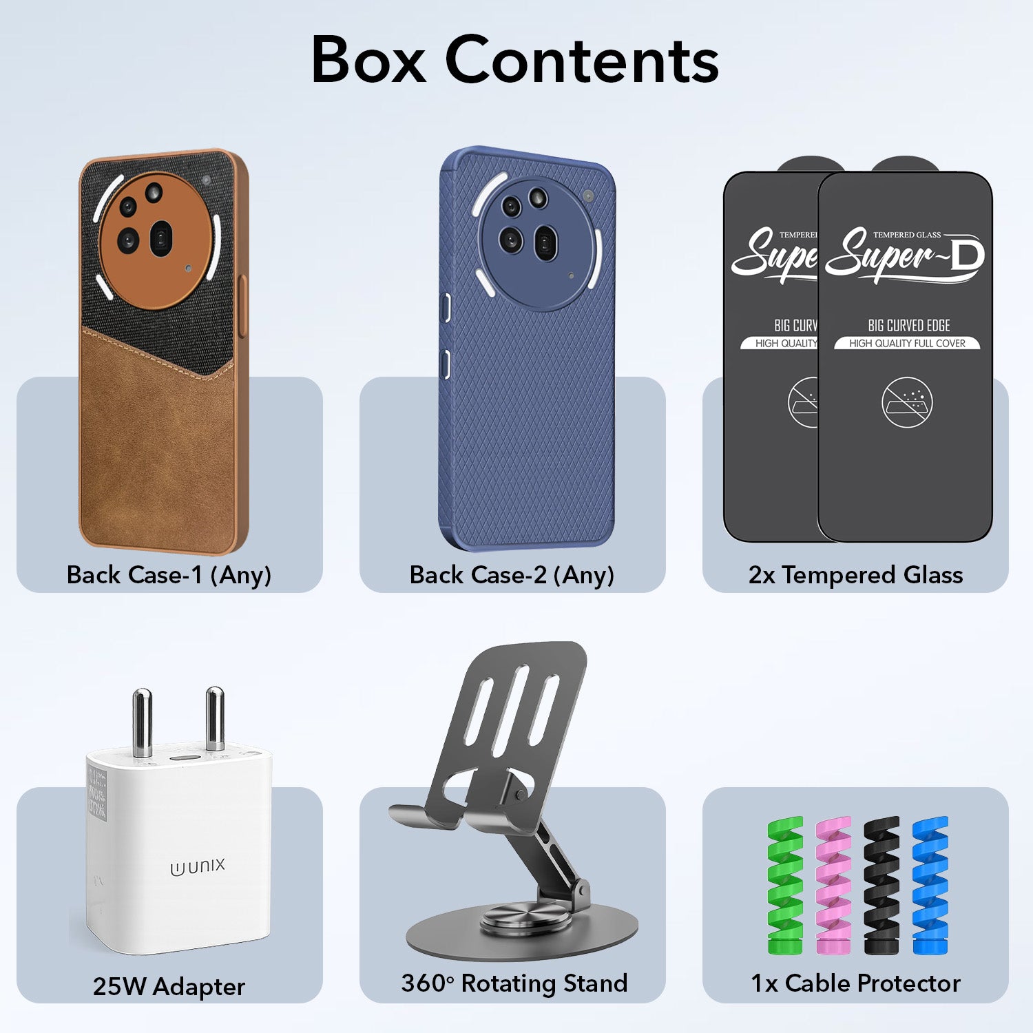 Complete Mobile Care Kit (Get Any 2 Cases+2 Tempered Glass+25W Charger Adapter+Metallic Mobile Stand+Cable Protector)