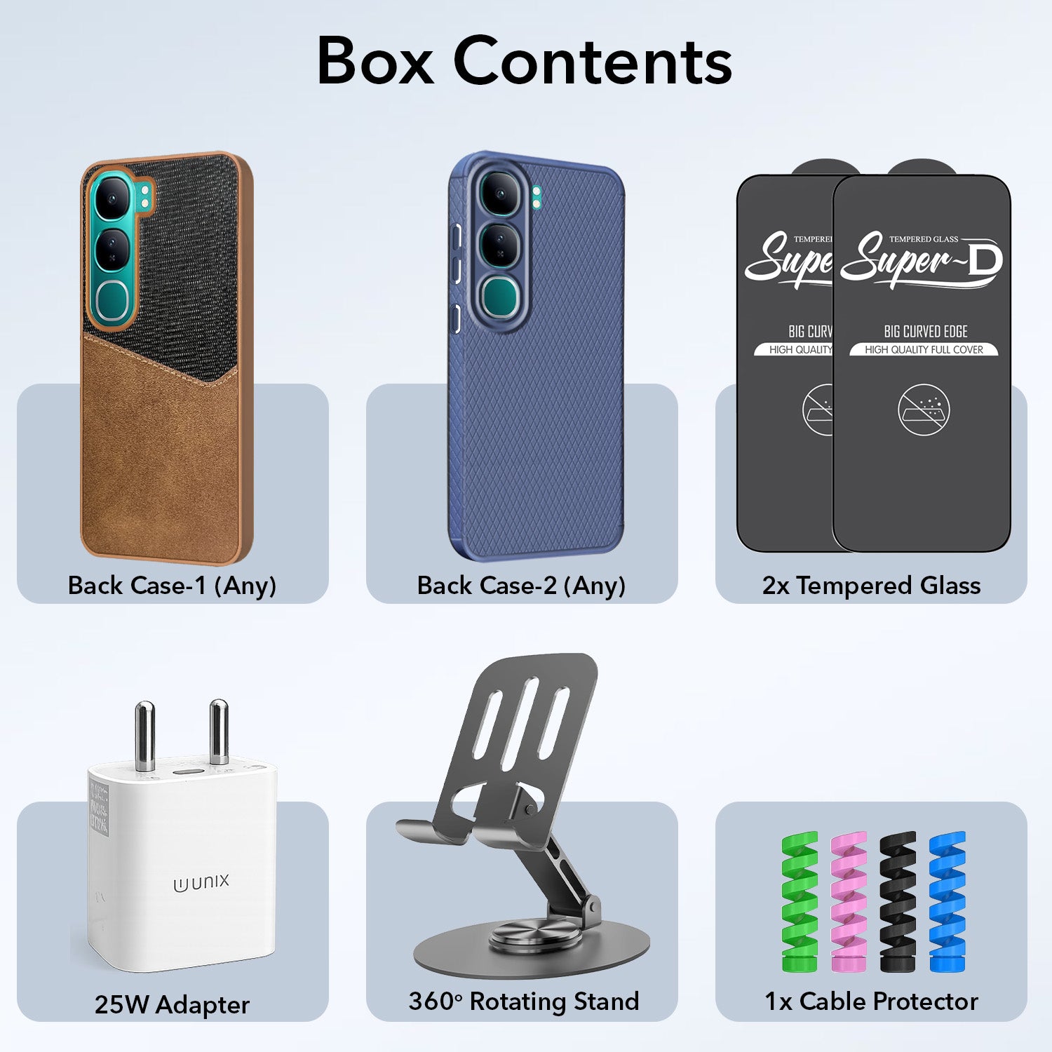 Complete Mobile Care Kit (Get Any 2 Cases+2 Tempered Glass+25W Charger Adapter+Metallic Mobile Stand+Cable Protector)