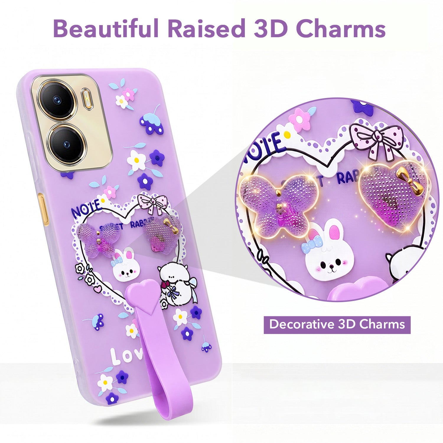 For Vivo Y56 5G Back Cover Case (3D Cute Heart Strap Holder | Camera Protection | Designer Girls Print)