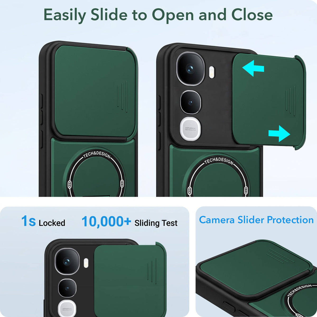 For Vivo Y400 Back Case Cover Metallic (Hybrid Armor Kickstand | Sliding Shutter Camera Protection | MagSafe Compatible)