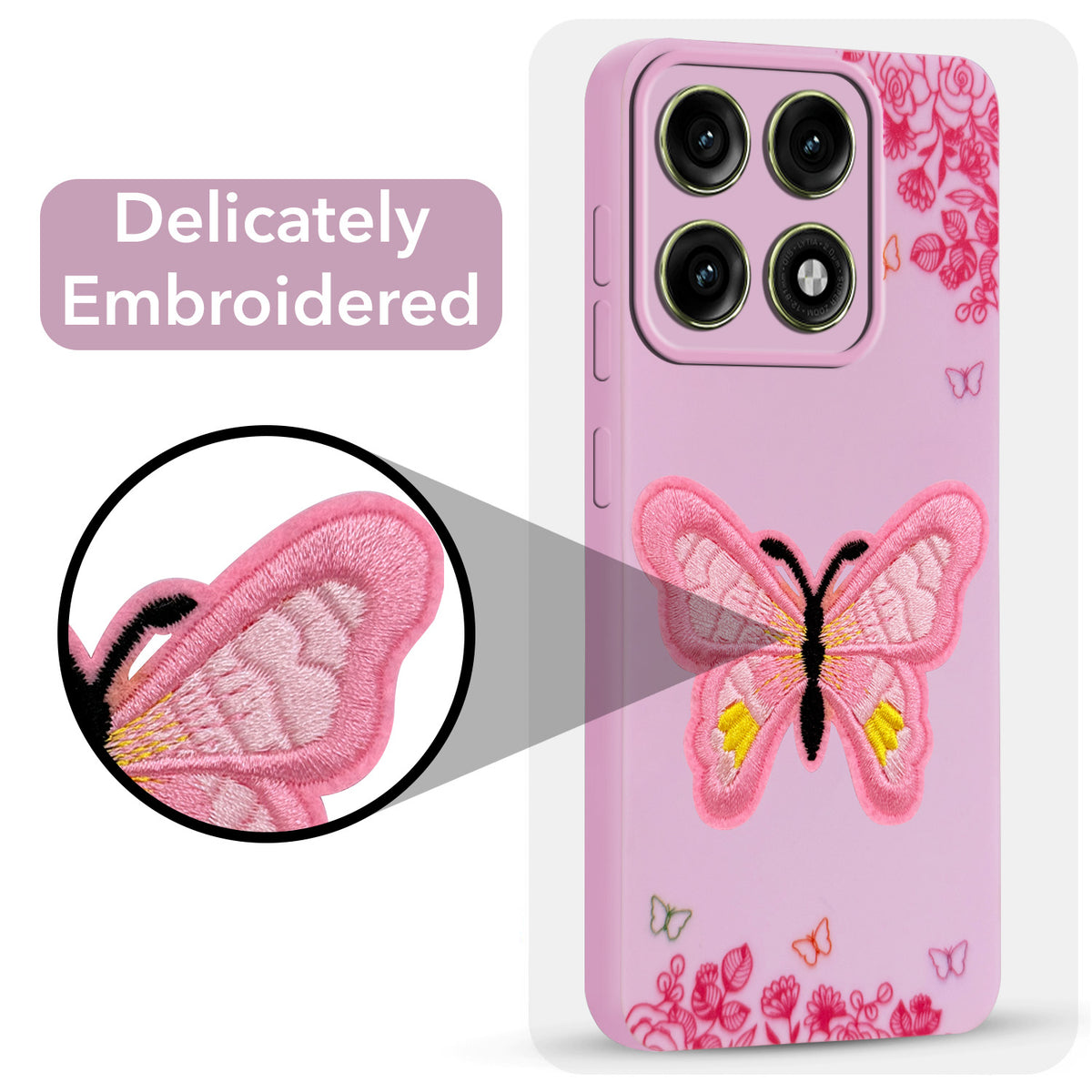 For Motorola Edge 70 Pro |  Motorola Edge 70 Pro Plus Back Cover Case (Soft Butterfly Embroidery | Women Teen Girls | Camera Protection| Matte Silicone)