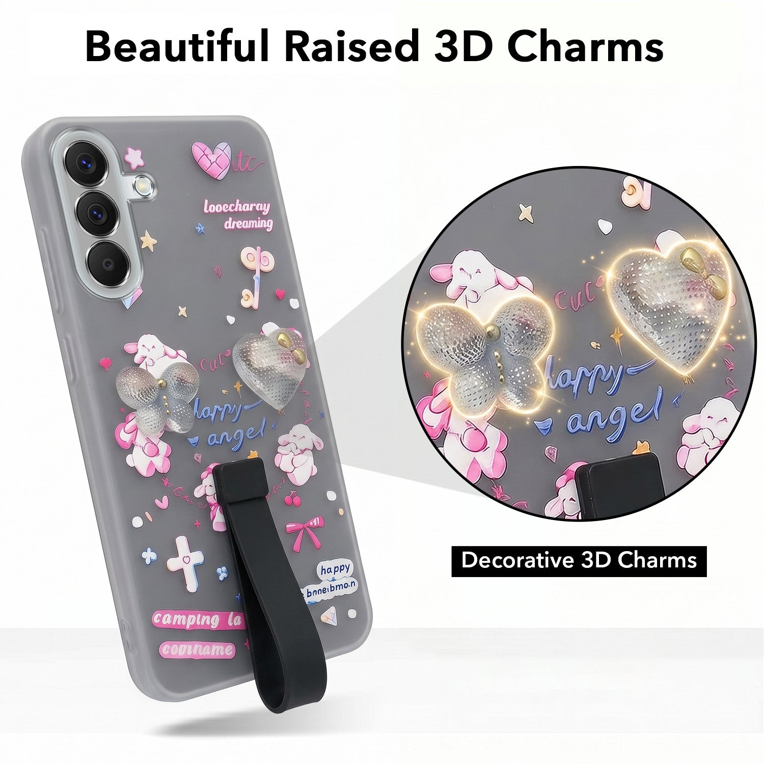 For Samsung Galaxy A57 Back Cover Case (3D Cute Heart Strap Holder | Camera Protection | Designer Girls Print)